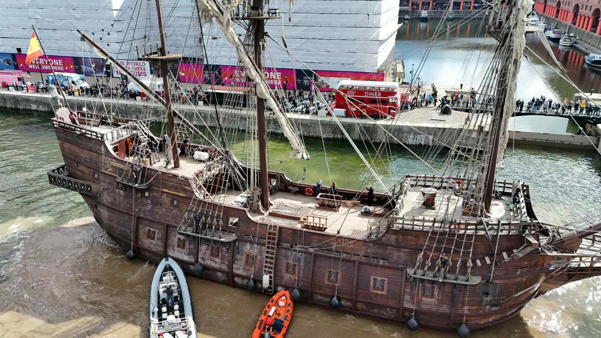 An aerial view of the 160ft (48m) galleon which has six decks. Made from iroko and pine, its seven sails measure nearly 1,000 square metres.