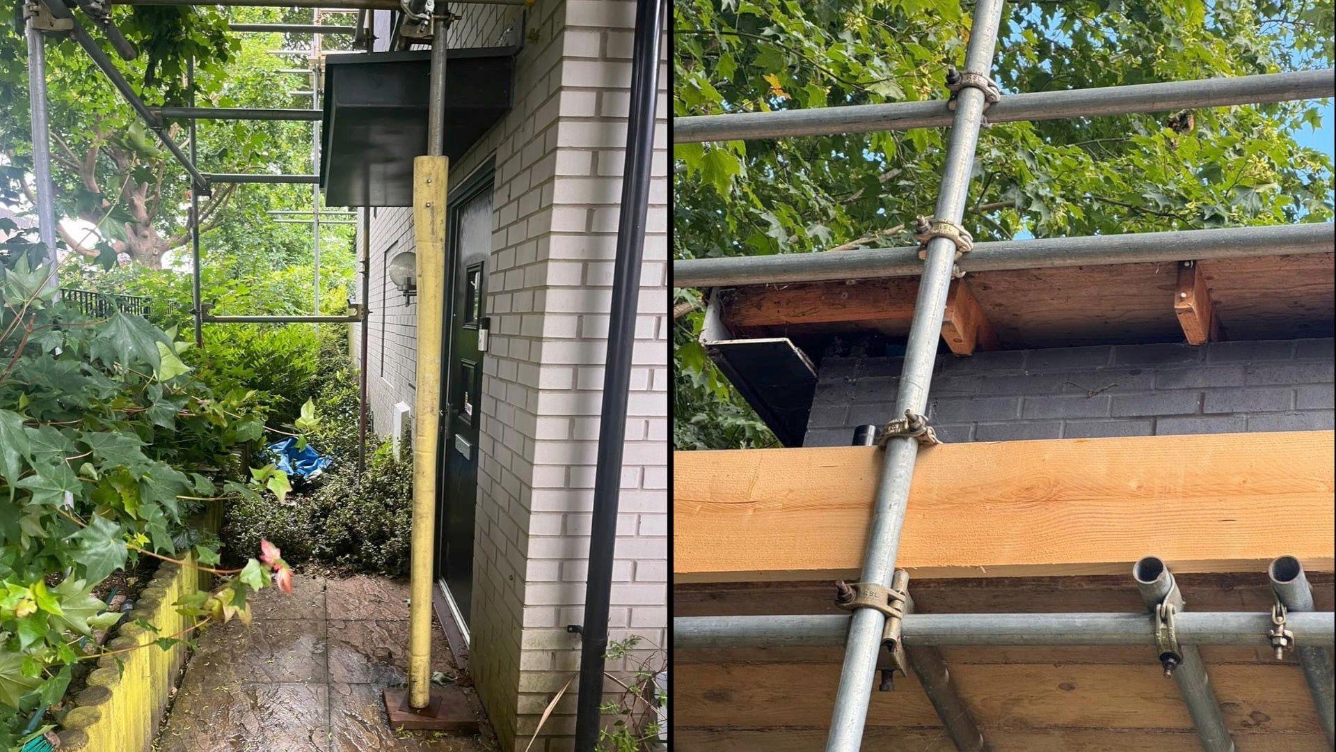 Two pictures of scaffolding on the roof and outside the front door of Georgina's home