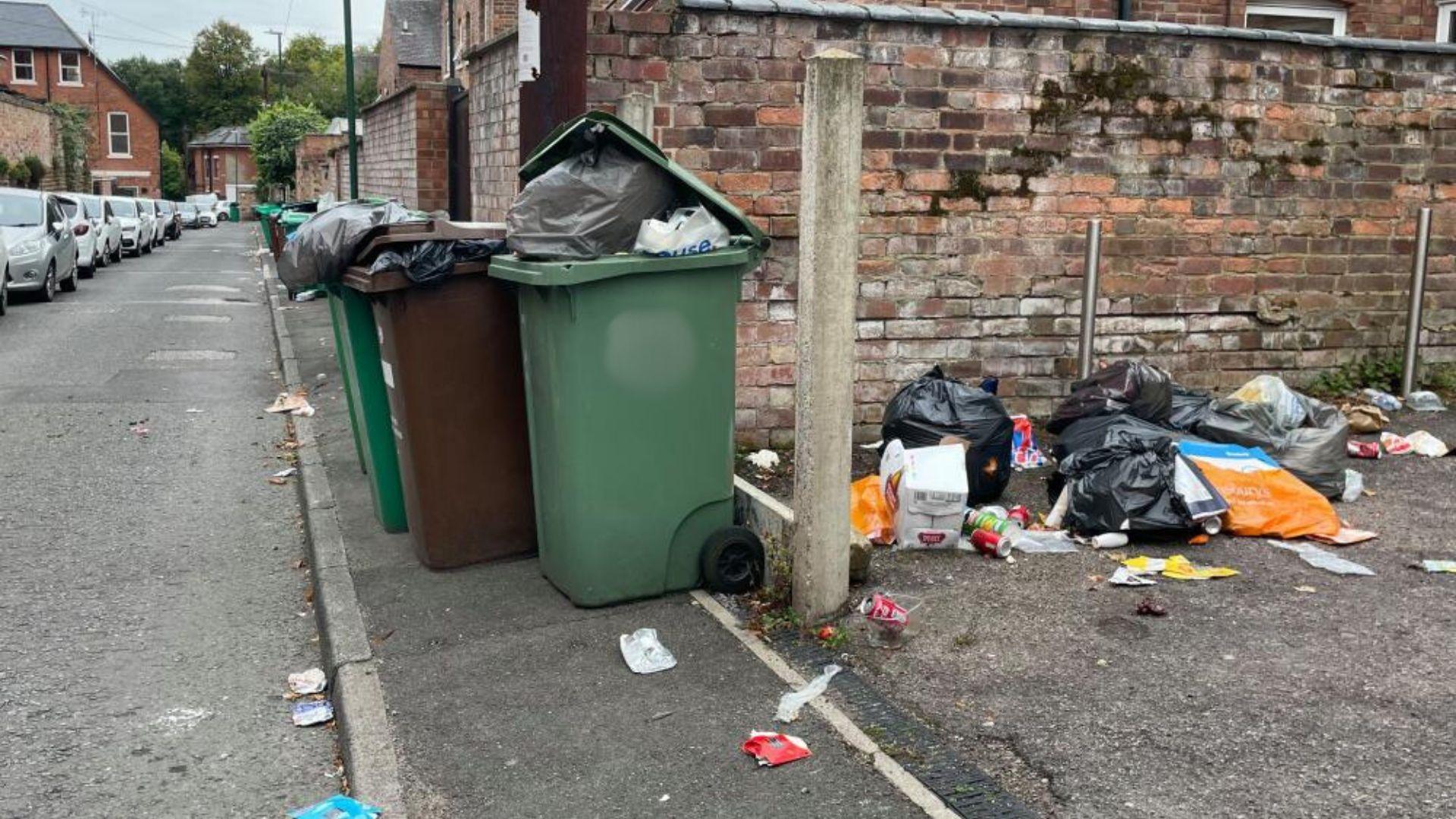 A view of overflowing rubbish on Lawson Street, with un-emptied bins and scattered litter nearby.