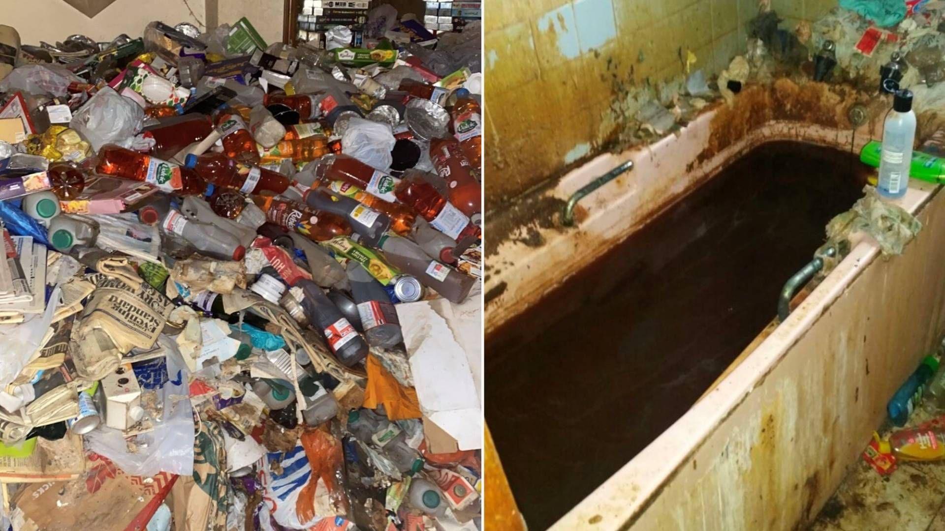 Two images side by side. The left image shows a mount of rubbish, including several plastic bottles filled with urine, as well as empty plastic milk bottles, newspapers, and various boxes of waste. The right image shows a filthy bathtub filled with brown water. The bathroom tiles are soiled with brown marks, there are plastic bottles lining the back edge of the bath, as well as several bottles of shower gel on the bathroom floor.