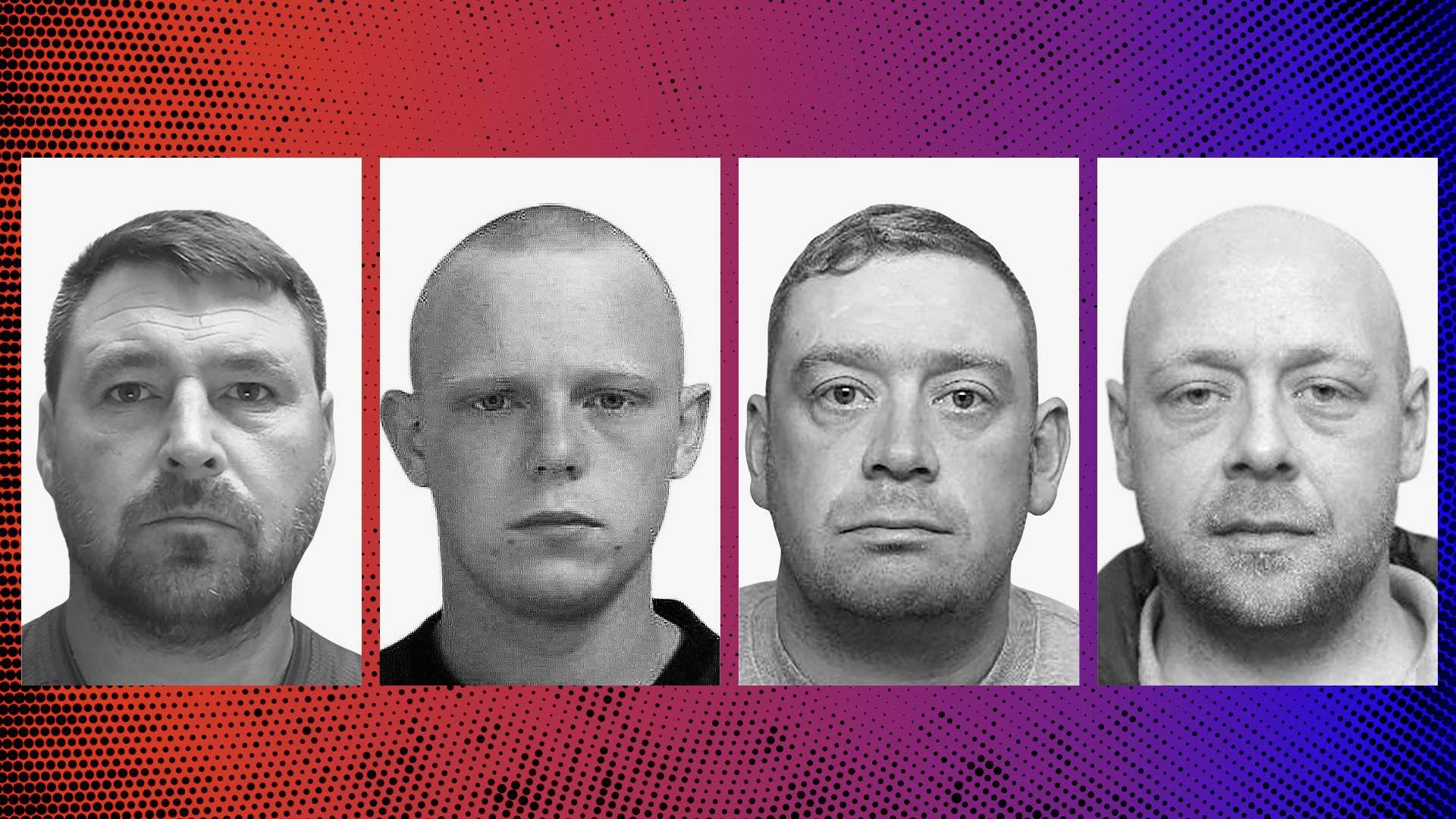 Promo image showing the police mugshots of four people sentenced over riot-related offences - Luke Moran, James Martin, Luke Sissons and Paul Sissons