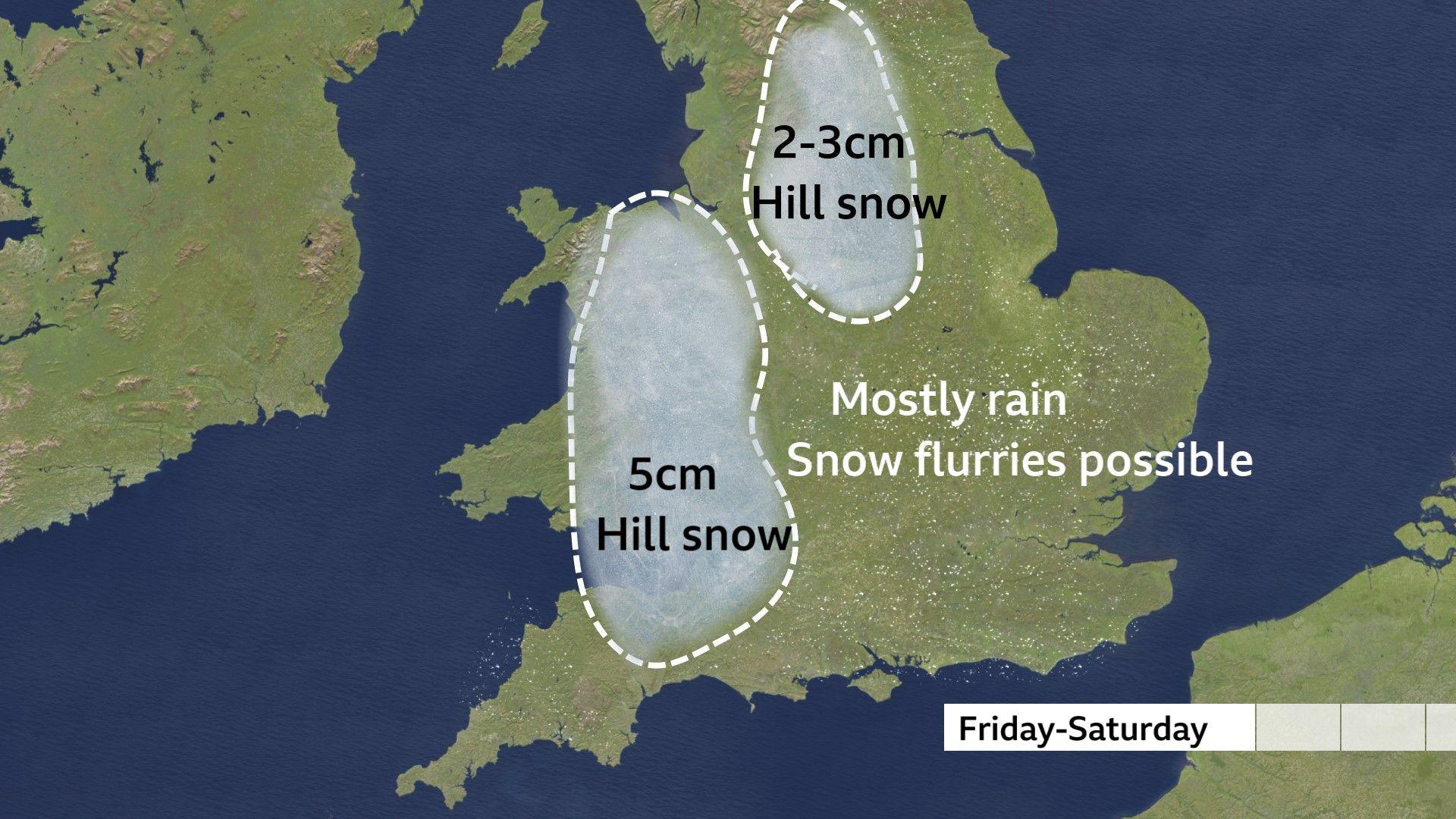 Map of England and Wales showing regions where there could be between 2 to 5cm of hill snow.