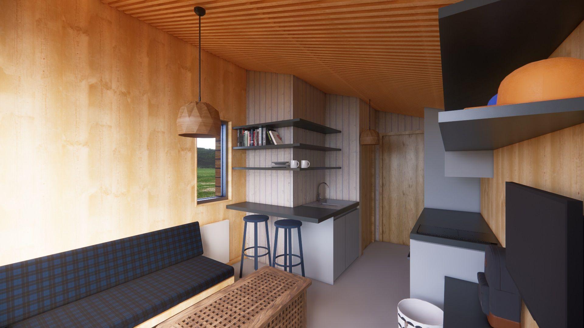 The interior of the house showing a grey kitchen and tartan-covered seating area. The walls are made of wood.