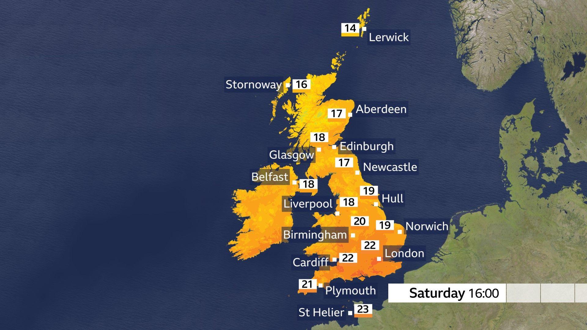 A temperature map depicting high temperatures at 16:00 BST on Saturday ranging from 16C in Stornoway to 19C in Hull and 22C in London