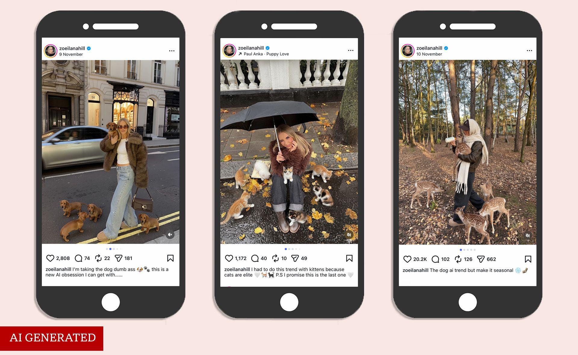 A selection of instagram posts by Zoe Ilana Hill using AI to generate images of animals