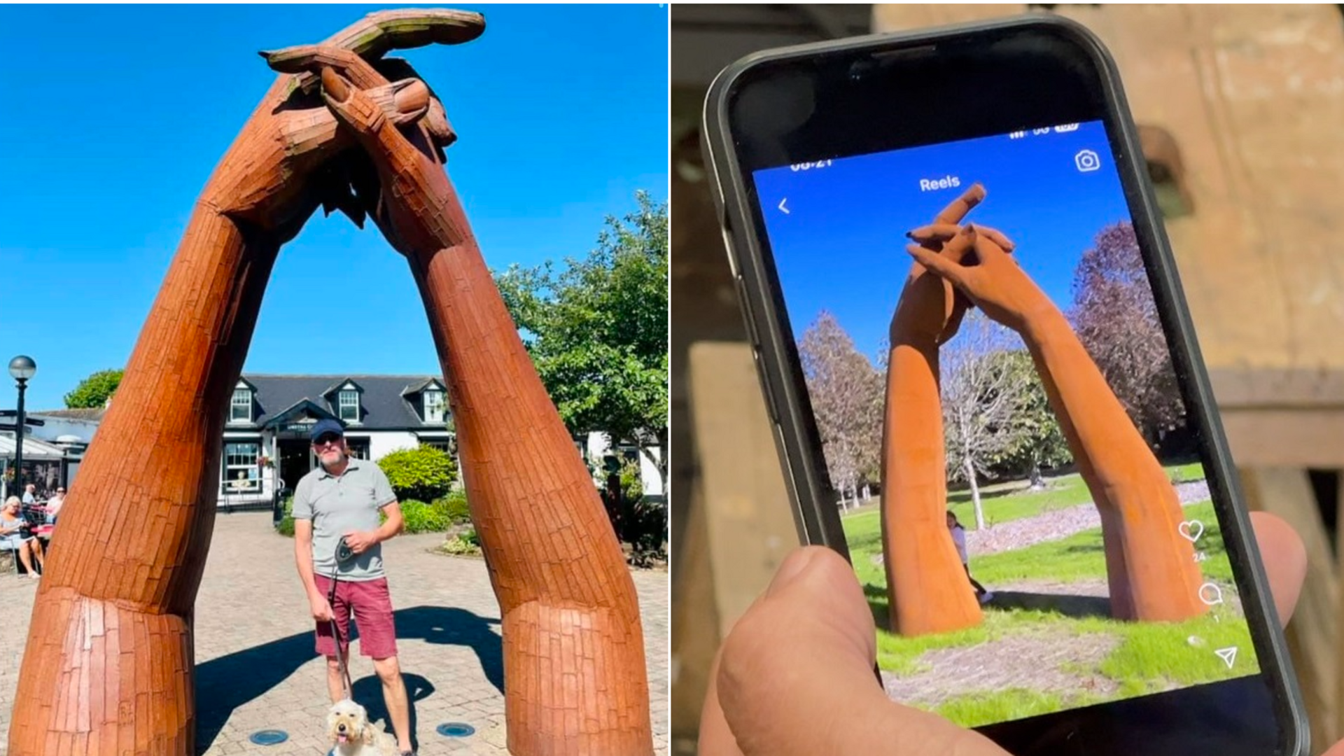 Two photos side by side. The first shows Ray Lonsdale, wearing a blue cap, a grey shirt and pink shorts, holding a cream coloured dog underneath his artwork, The Big Dance, which is of two hands joined together and with fingers pointing either direction. The second, which is an image on a mobile phone, shows Togetherness by James Wright. The statue is of two clasped hands with a finger pointing and is also made from corten steel. It is displayed in a park and there are trees behind it.