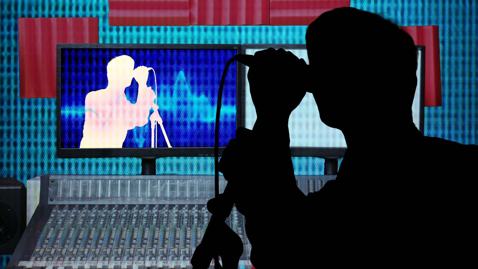 A black shadow of a male is singing into a microphone in a music studio. A music desk sits below a screen projecting the shadow onto a computer screen. 