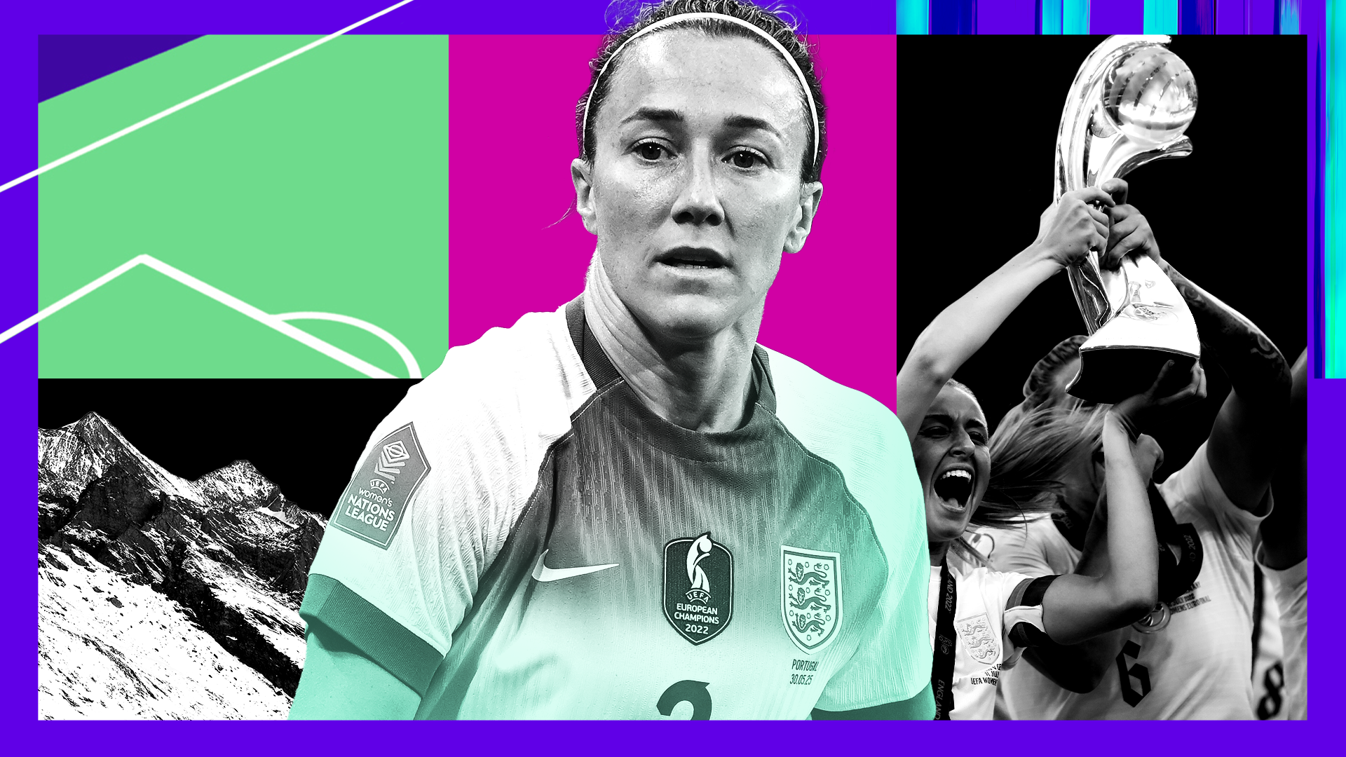 A designed image of England footballer Lucy Bronze against a collage background of mountains in Switzerland, a football pitch and players celebrating a Euro 2022 win. The image is surrounded by a purple border