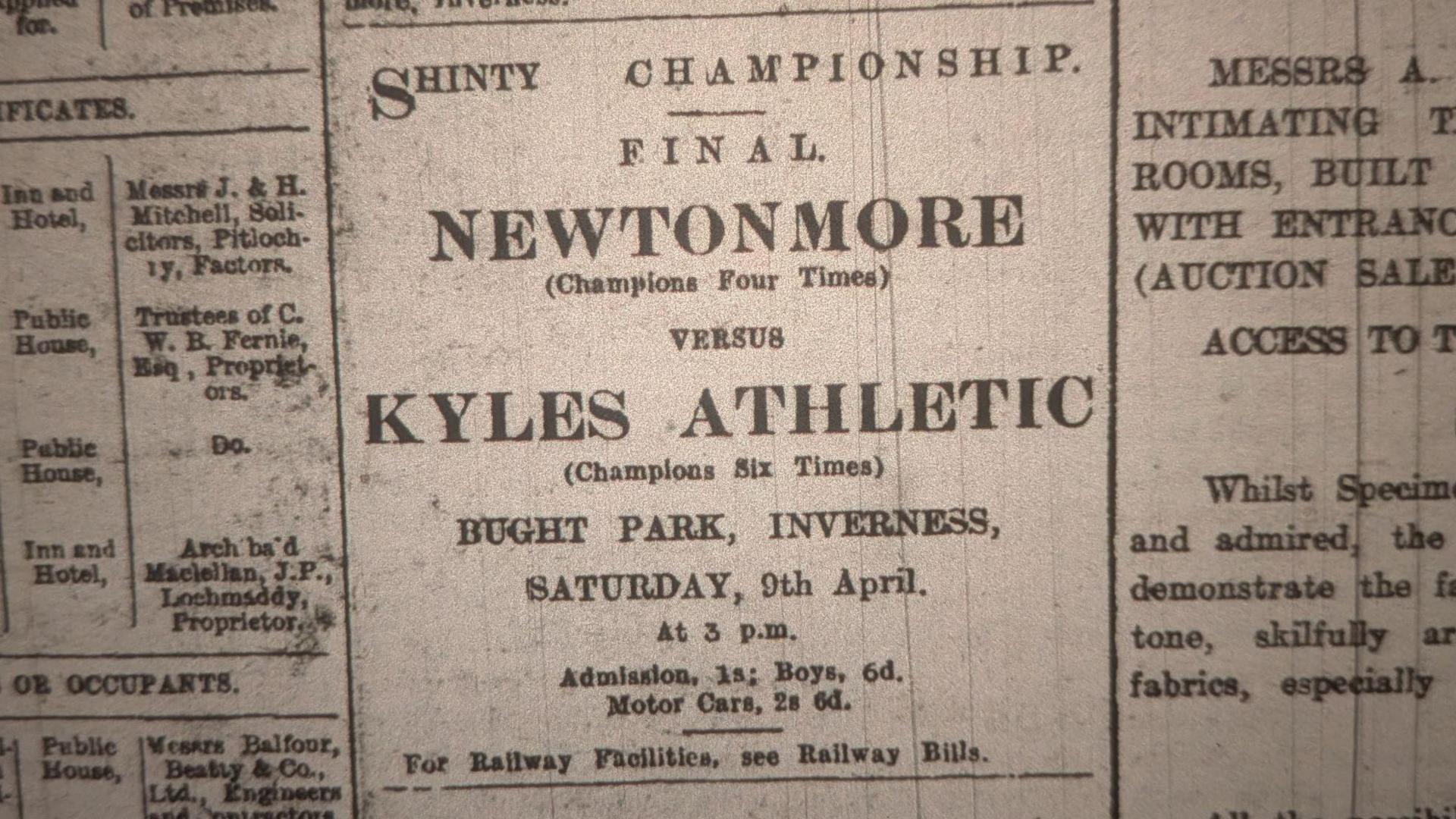Advert for the 1927 Camanachd Cup Final between the combined Badenoch team, playing under the banner of Newtonmore and Kyles Athletic.