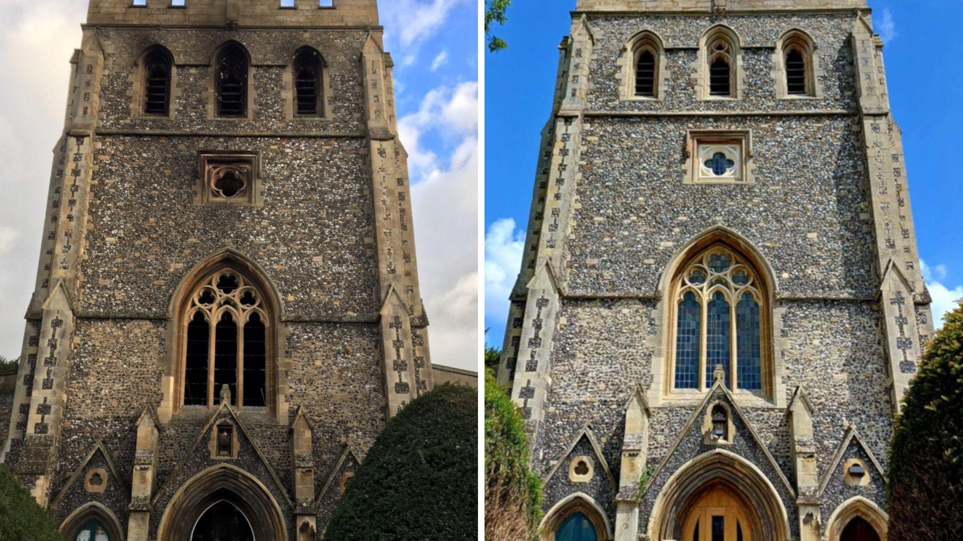 A composite image showing what the scorched church looked like in 2018 on the left, next to the restored building on the right