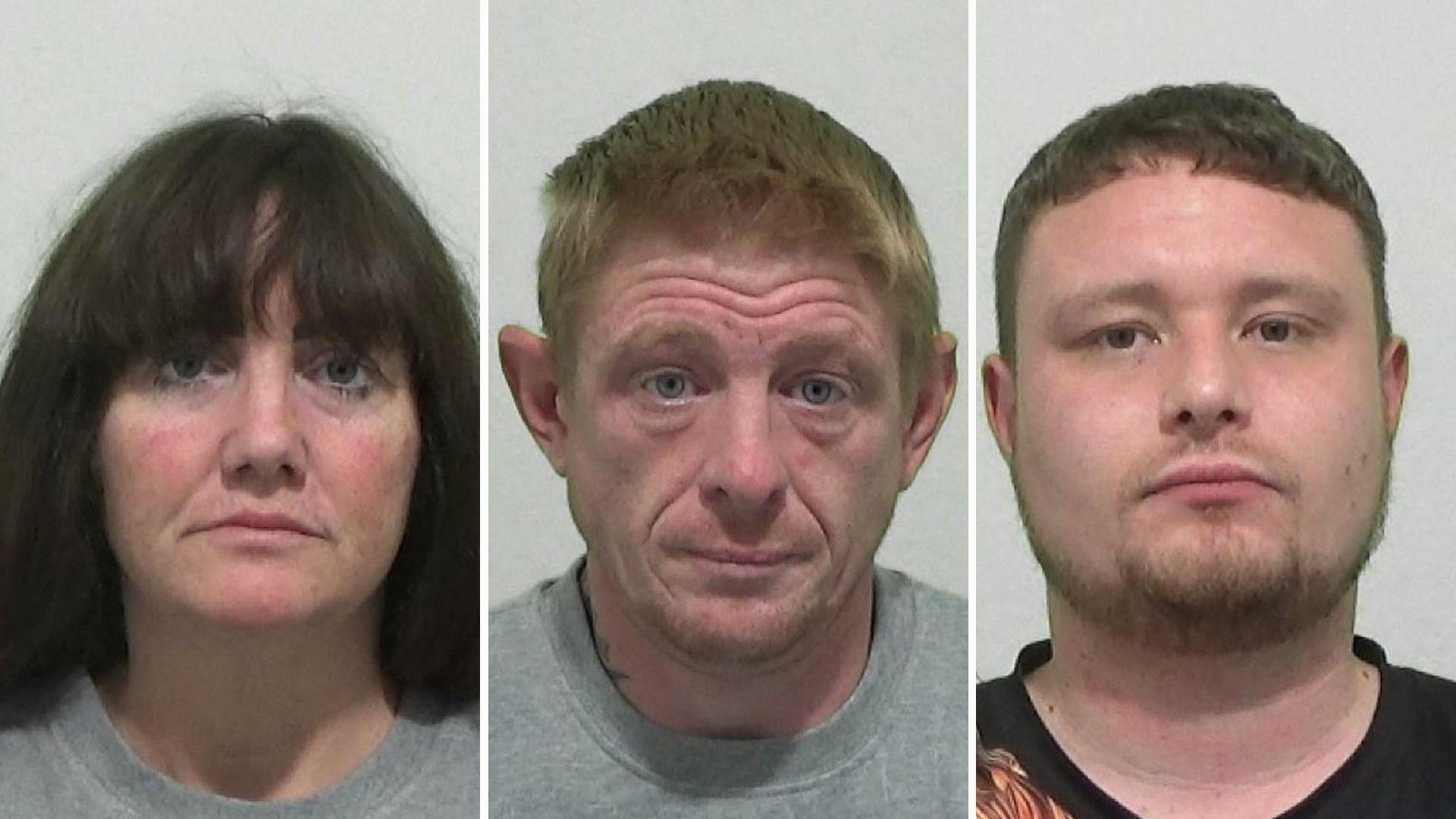 Mugshots of a woman with long dark hair and two men, one younger with a wispy brown beard and hair and the other older with ginger hair.