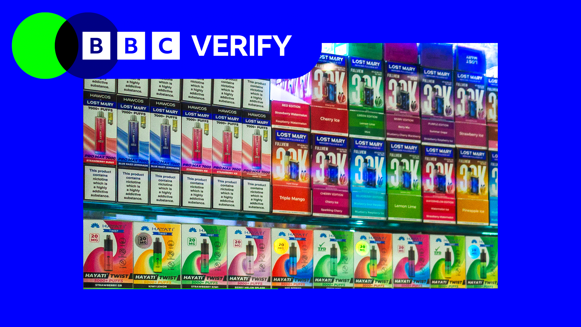 Packs of vapes are lined up on shelves inside a BBC Verfiy blue frame 