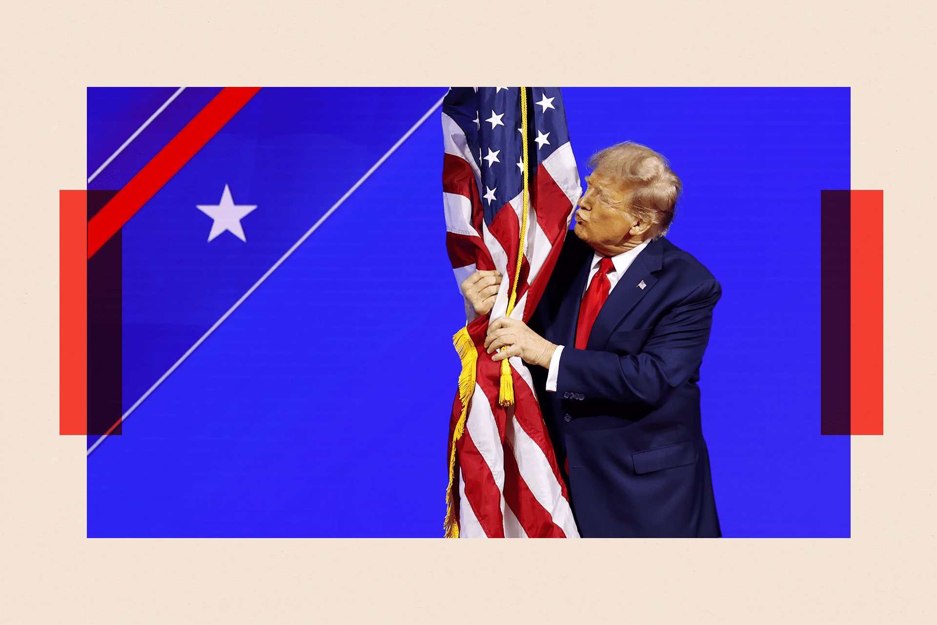 Donald Trump hugs an American flag at the Conservative Political Action Conference (CPAC) in National Harbor, Maryland, on 24 February 2024