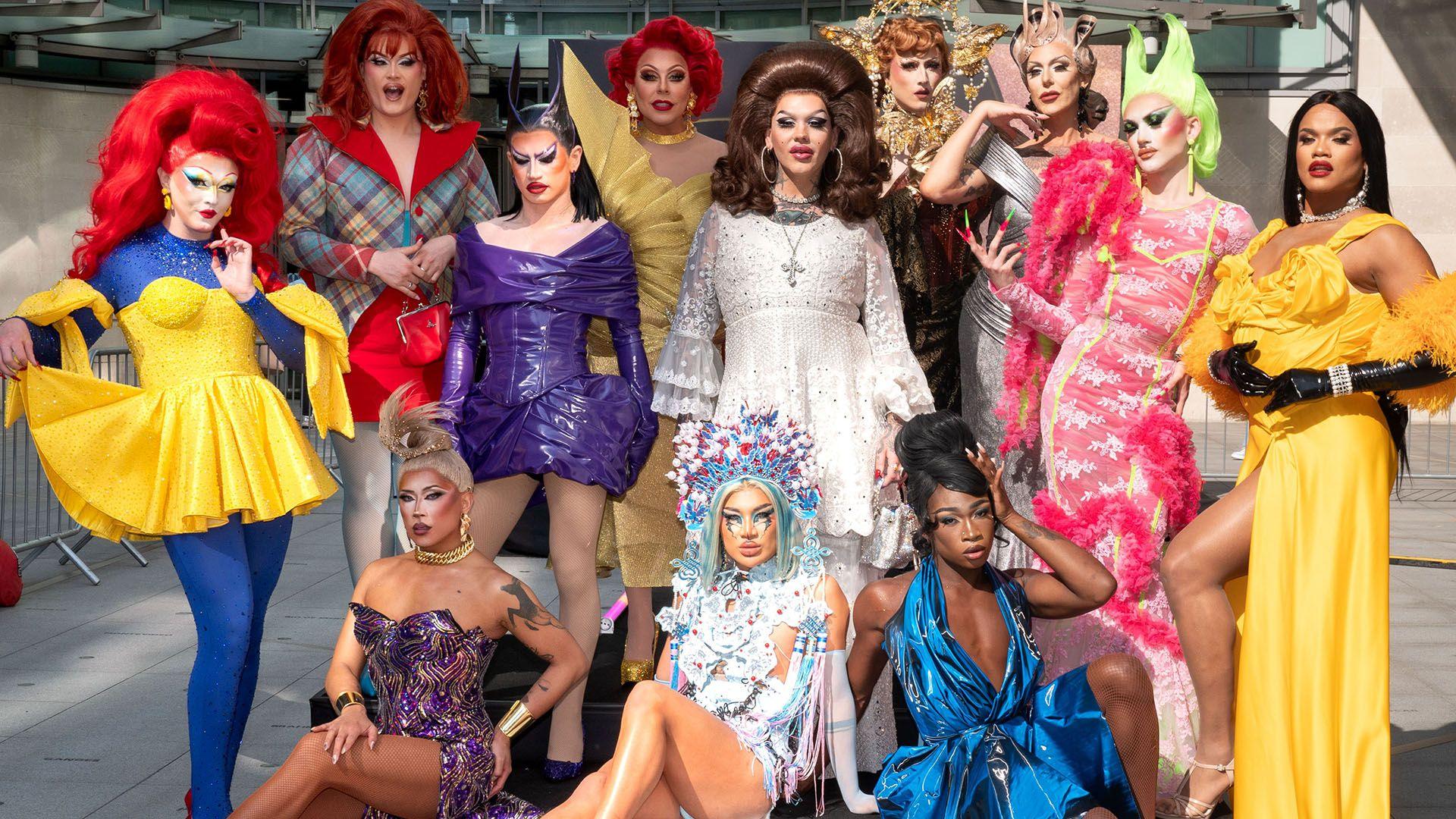 Drag queens Charra Tea, Chanel O'Conor, Actavia, La Voix, Lill, Marmalade, Dita Garbo, Kyran Thrax, Rileasa Slaves, Saki Yew, Zahirah Zapanta and Kiki Snatch posing outside of ˿ broadcasting house in London.