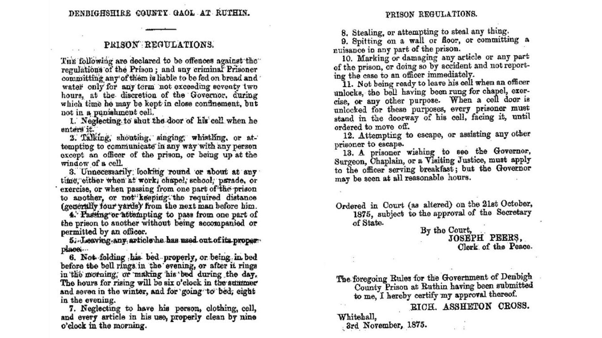 Rheolau roedd yn rhaid i'r carcharorion eu dilyn - 1875