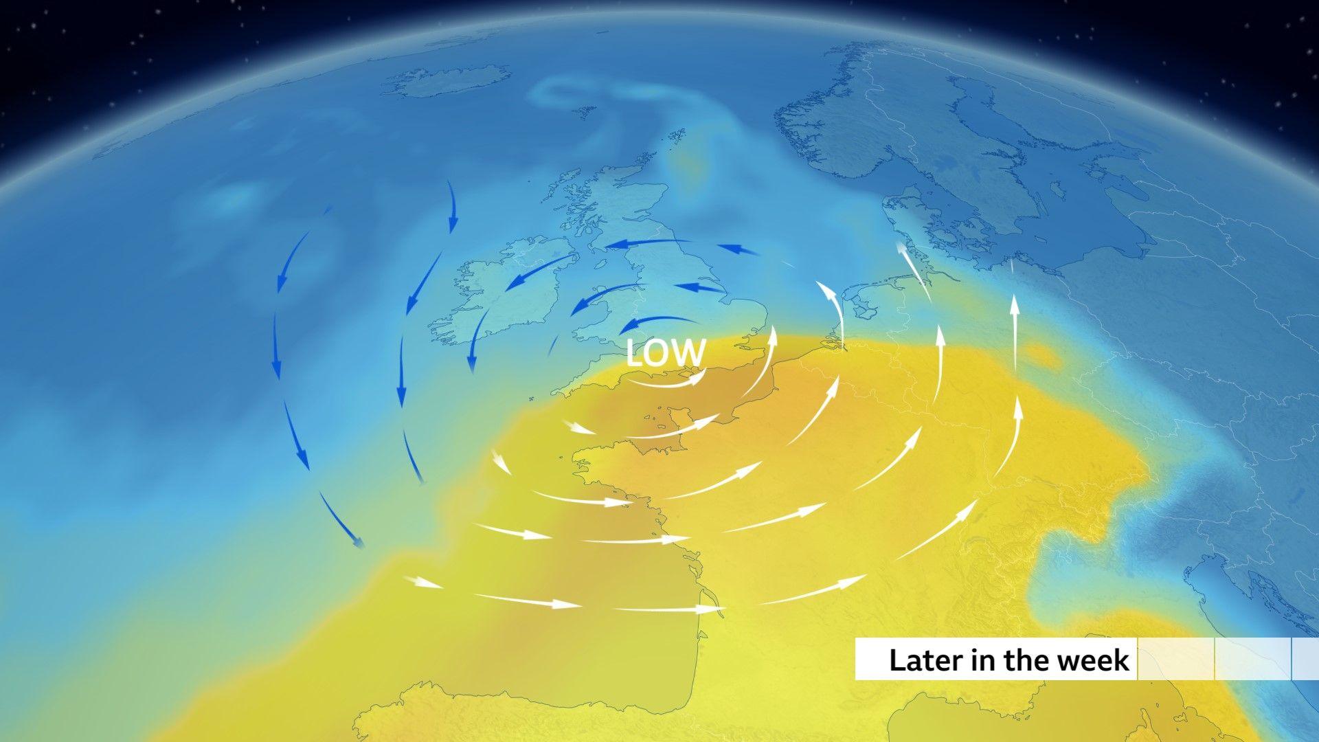 Air mass chart of the UK with a low pressure system centred over southern England. Yellow colours to the south of the low and across France indicates milder air, while the blue colours of colder air is to the north of the low.