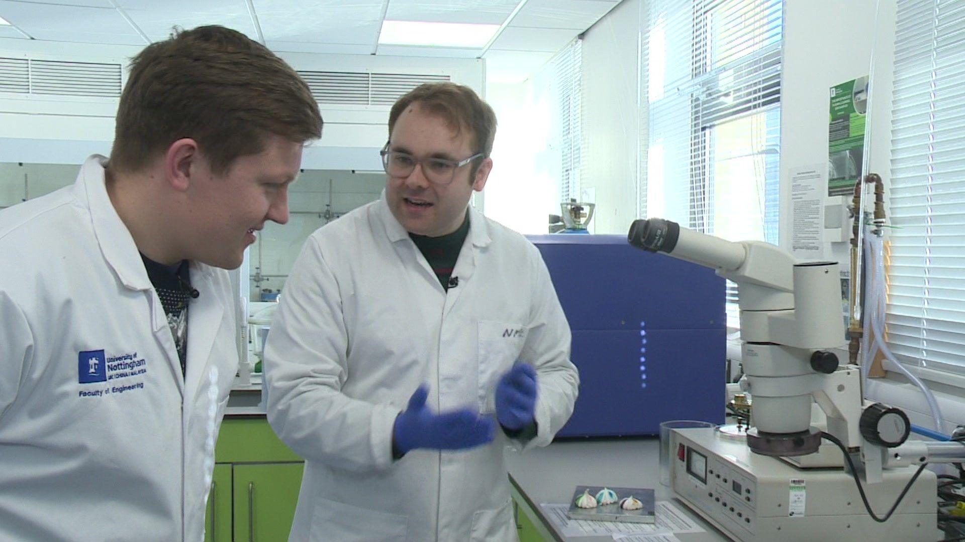 Josh and Luke are discussing the meringues in the lab at the University of Nottingham