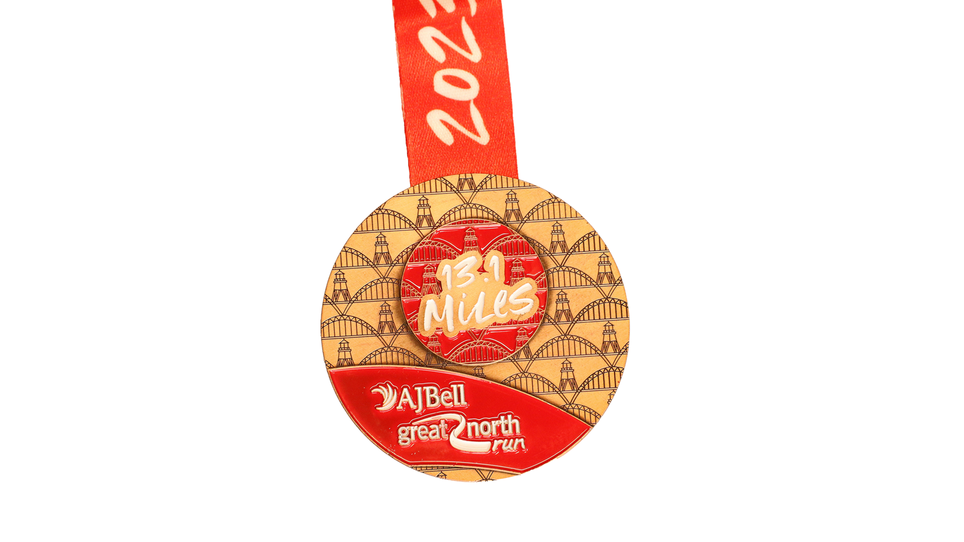 A yellow and red circular medal that reads 'AJ Bell Great North Run, 13.1 miles'. 