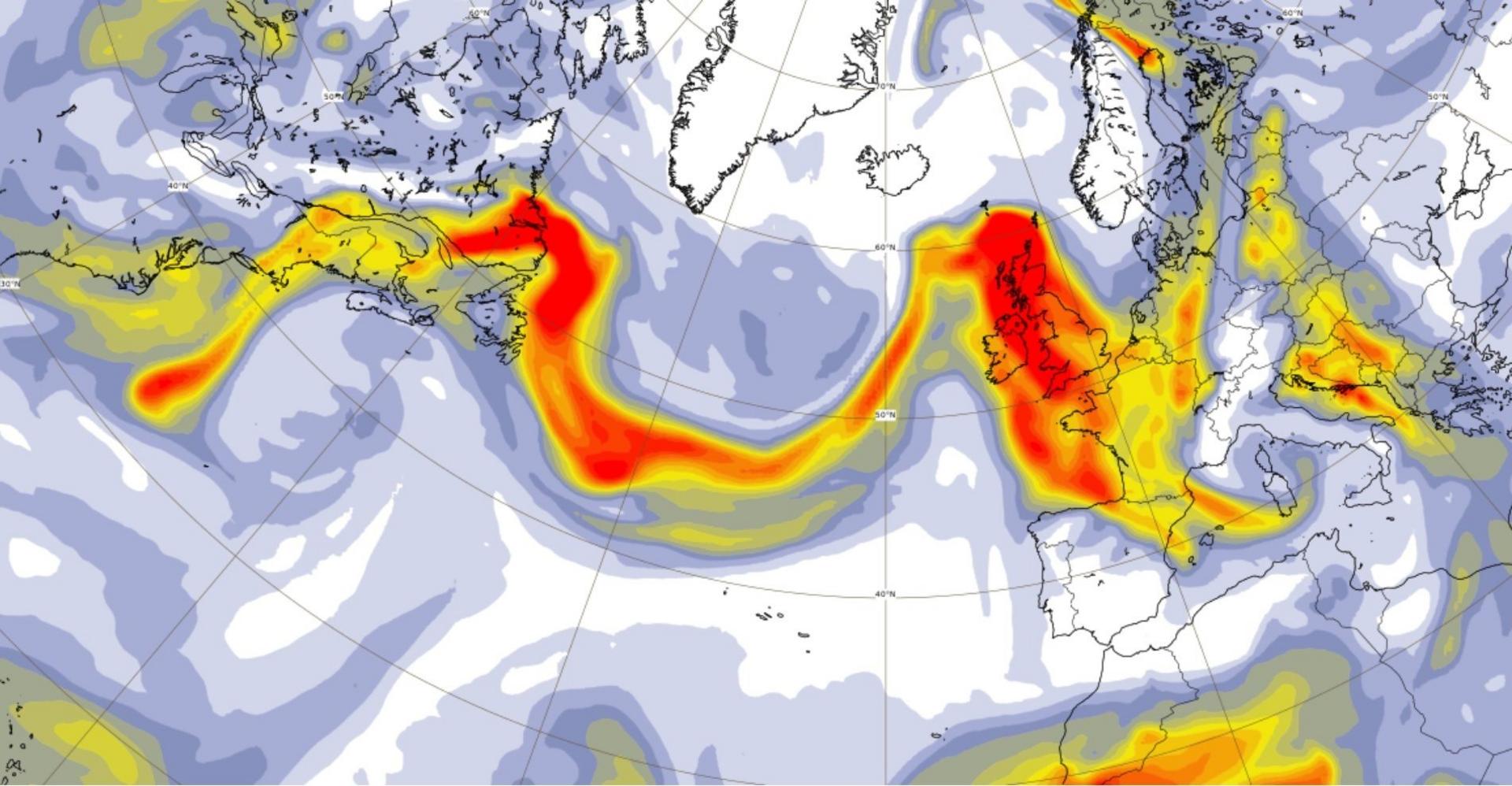 Infrared image showing smoke travelling from North America across the Atlantic to the UK