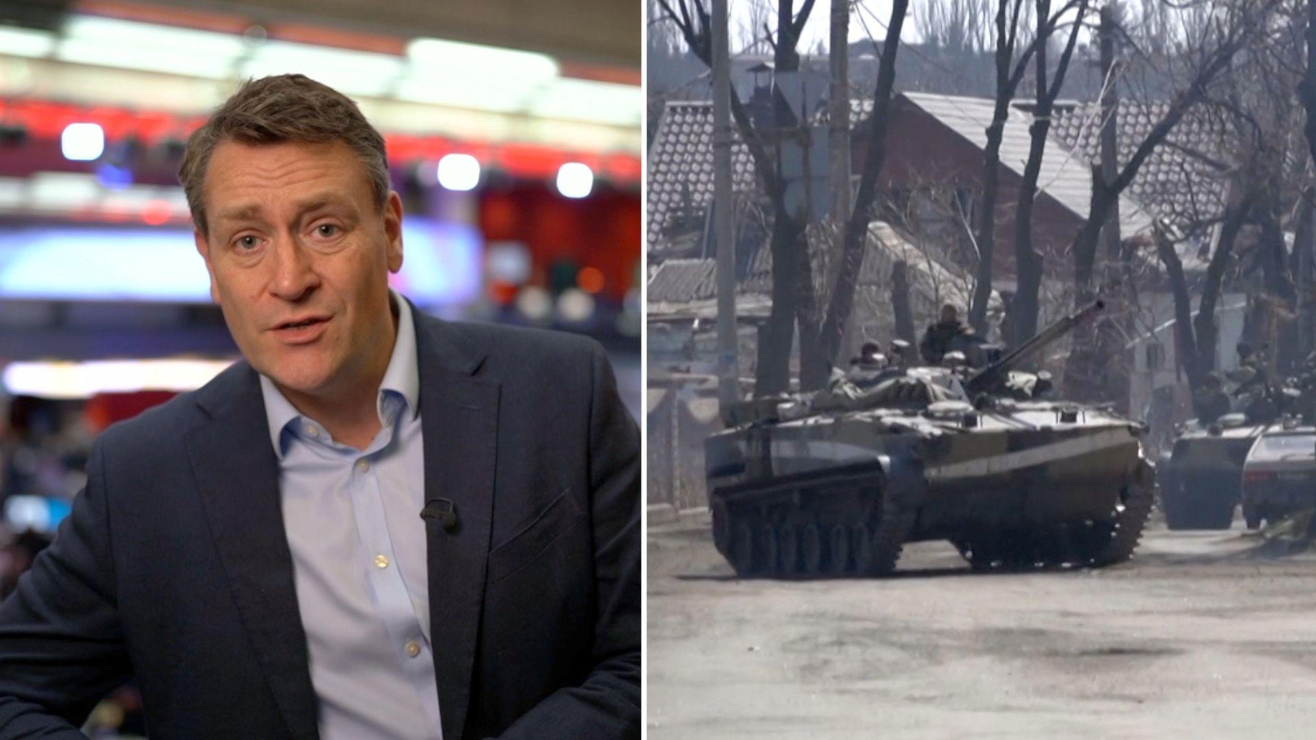 Split screen with the BBC's Joe Inwood on the left and a tank in the Donbas region of Ukraine on the right