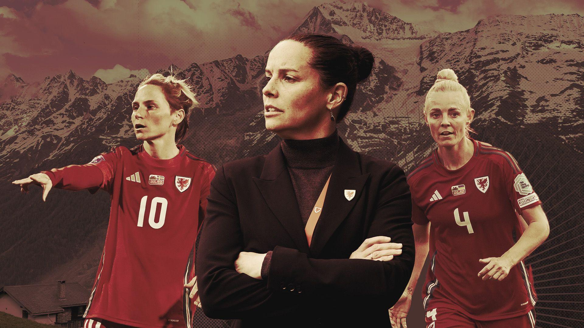 Montage picture with Wales manager Rhian Wilkinson flanked by players Jess Fishlock and Sophie Ingle