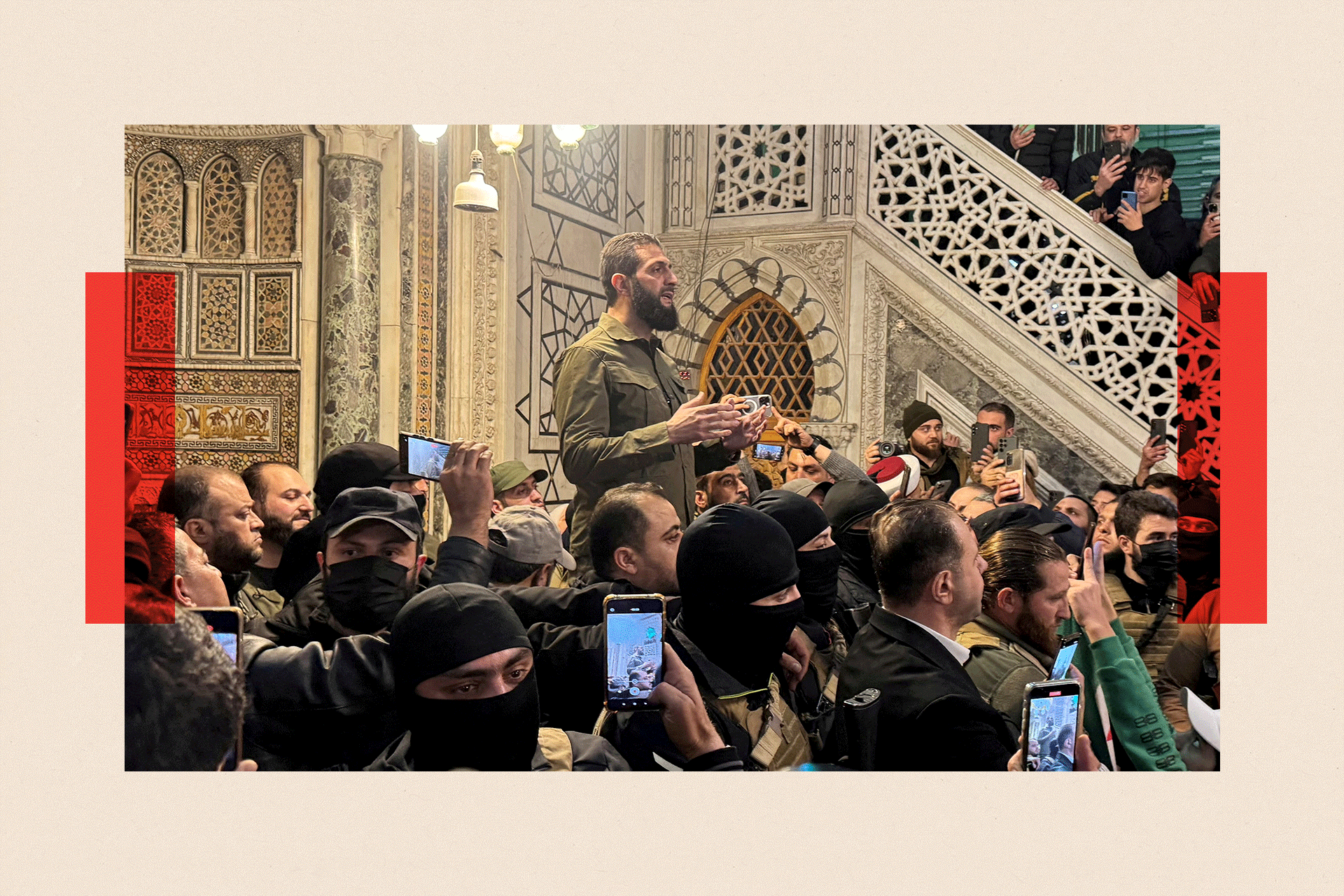 Al-Sharaa speaks to a group of supporters at Ummayad Mosqu