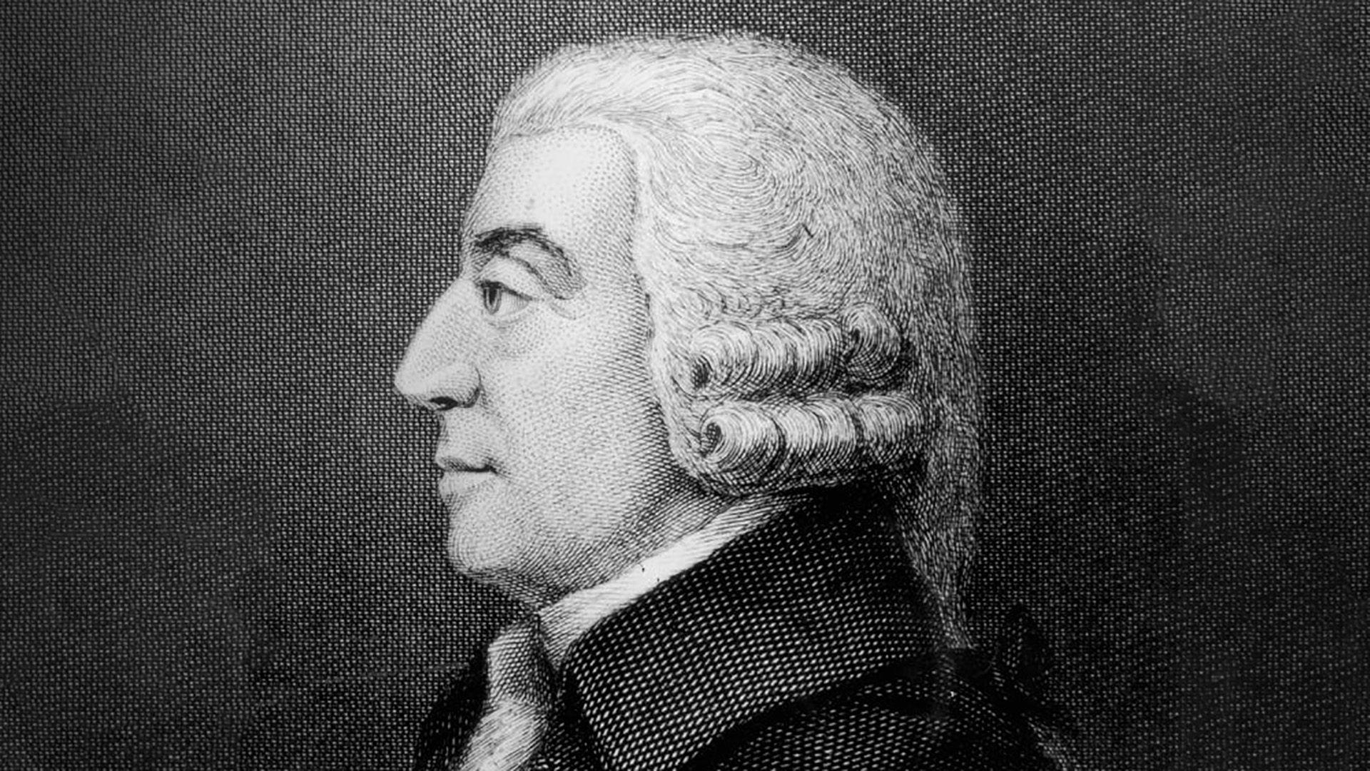 An artist's black and white illustration of Adam Smith. It is from the side so only shows one side of his face, 