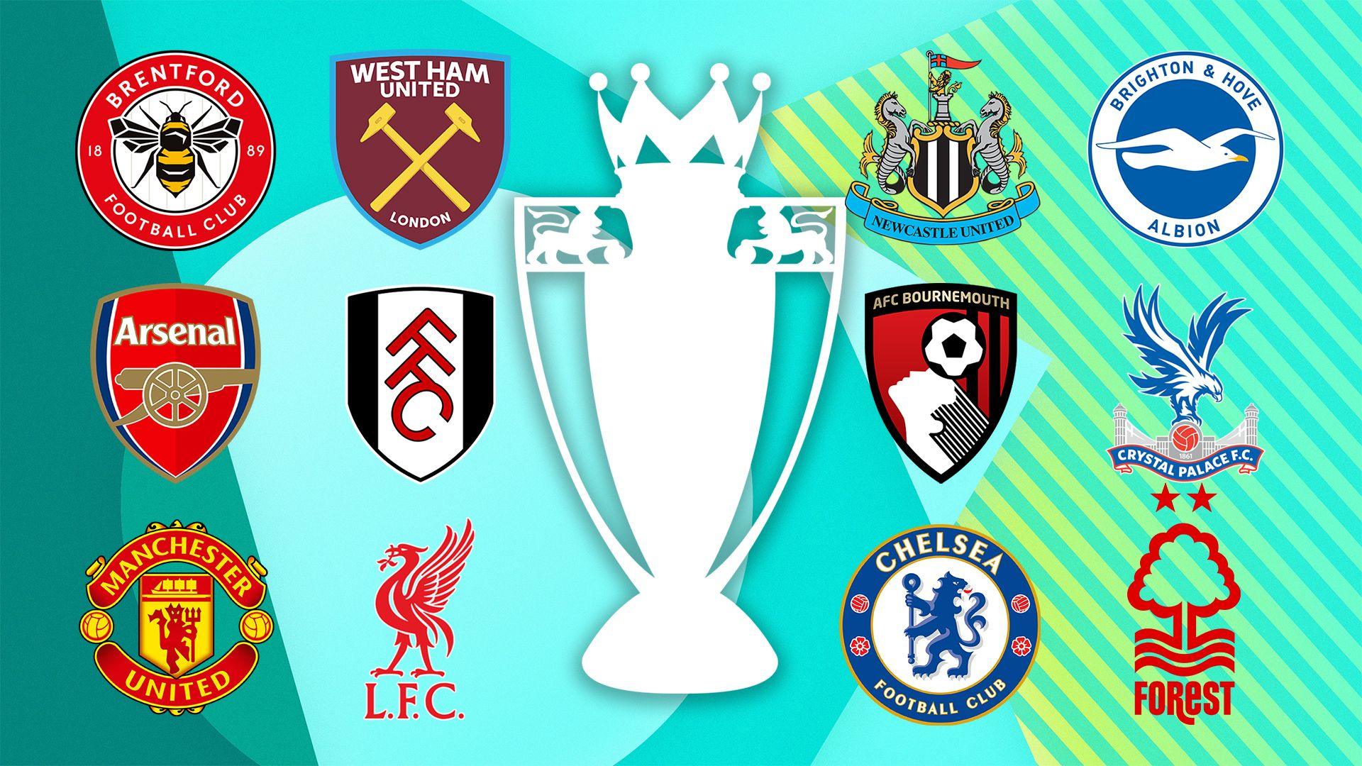 Club badges for Brentford v West Ham, Newcastle v Brighton, Arsenal v Fulham, Bournemouth v Crystal Palace, Manchester United v Liverpool and Chelsea v Nottingham Forest