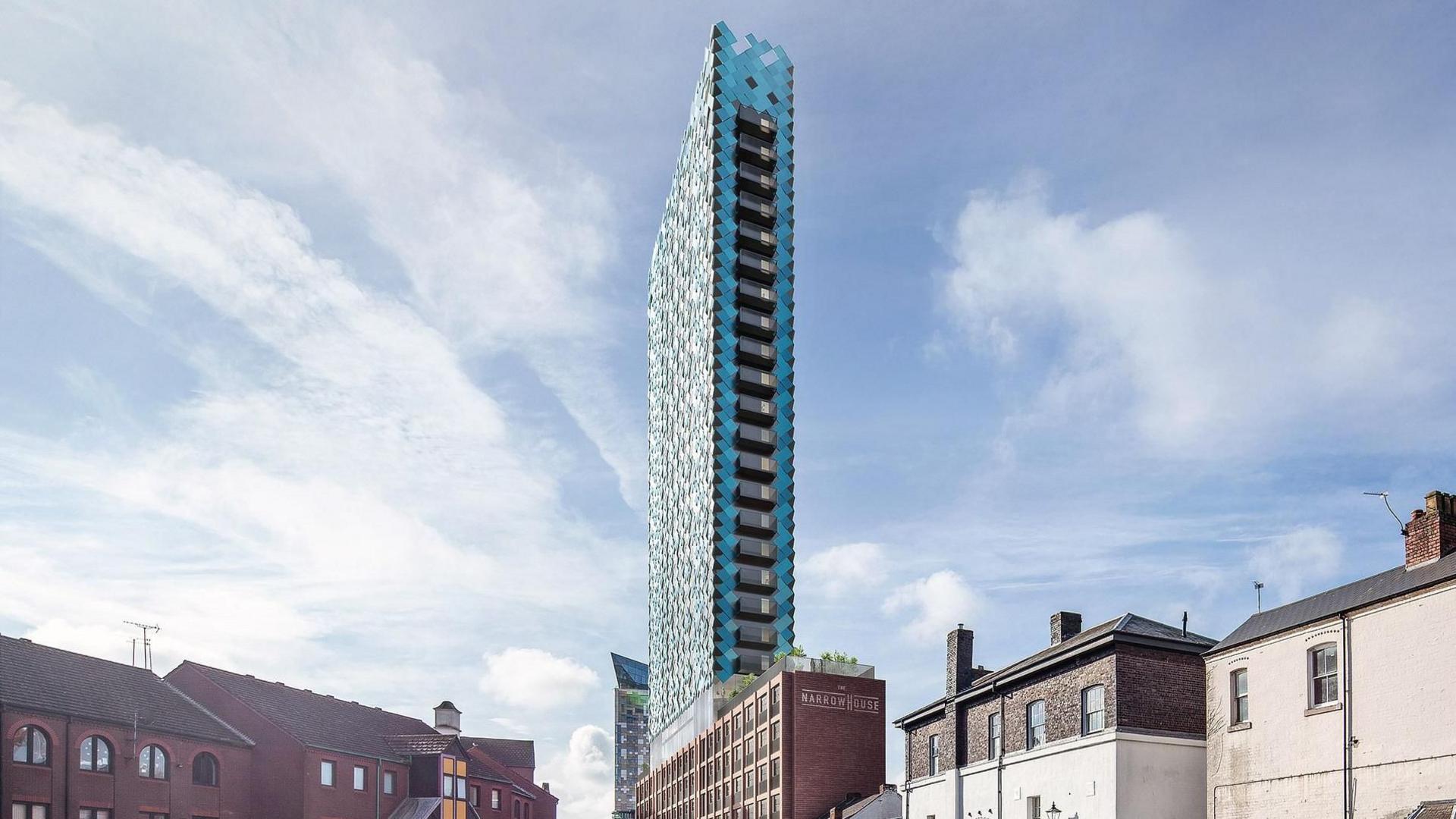 Computer-generated image of the proposed Birmingham tower for Gas Street Basin named The Narrowhouse. The tower is seen from its narrow side rising above older houses in the city.