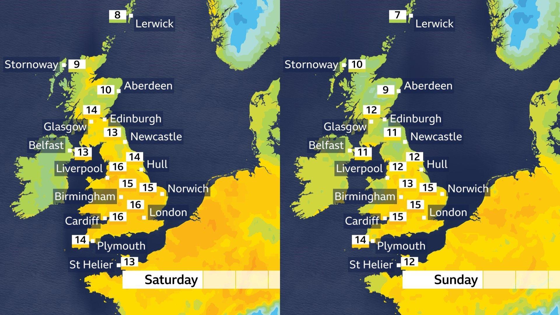 Two coloured maps of the UK showing maximum temperatures on Saturday and Sunday.