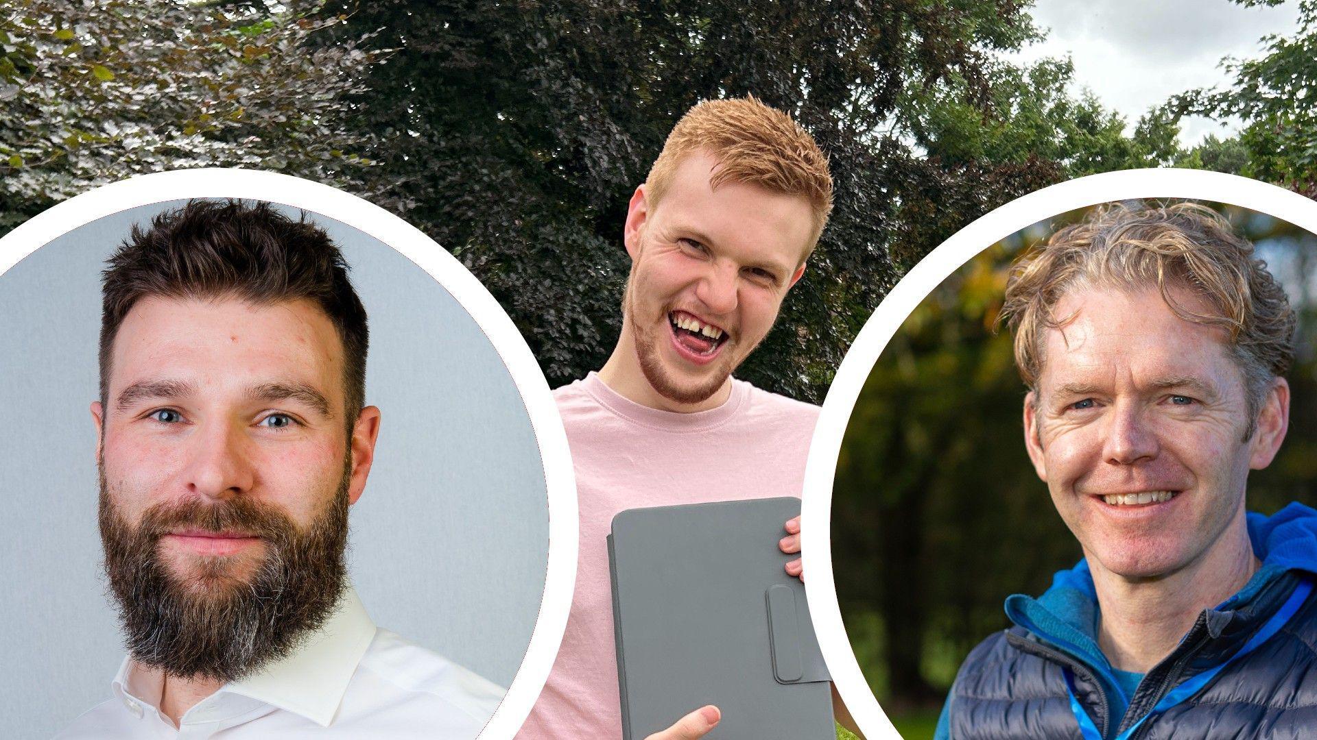 A composite image of a young man wearing a pink T-shirt and red hair smiling at the camera. He is holding what appears to be a tablet. In other parts of the image there is a man with short dark hair and a thick dark beard wearing a white shirt and a man with wavy blond/grey hair wearing a blue jacket.