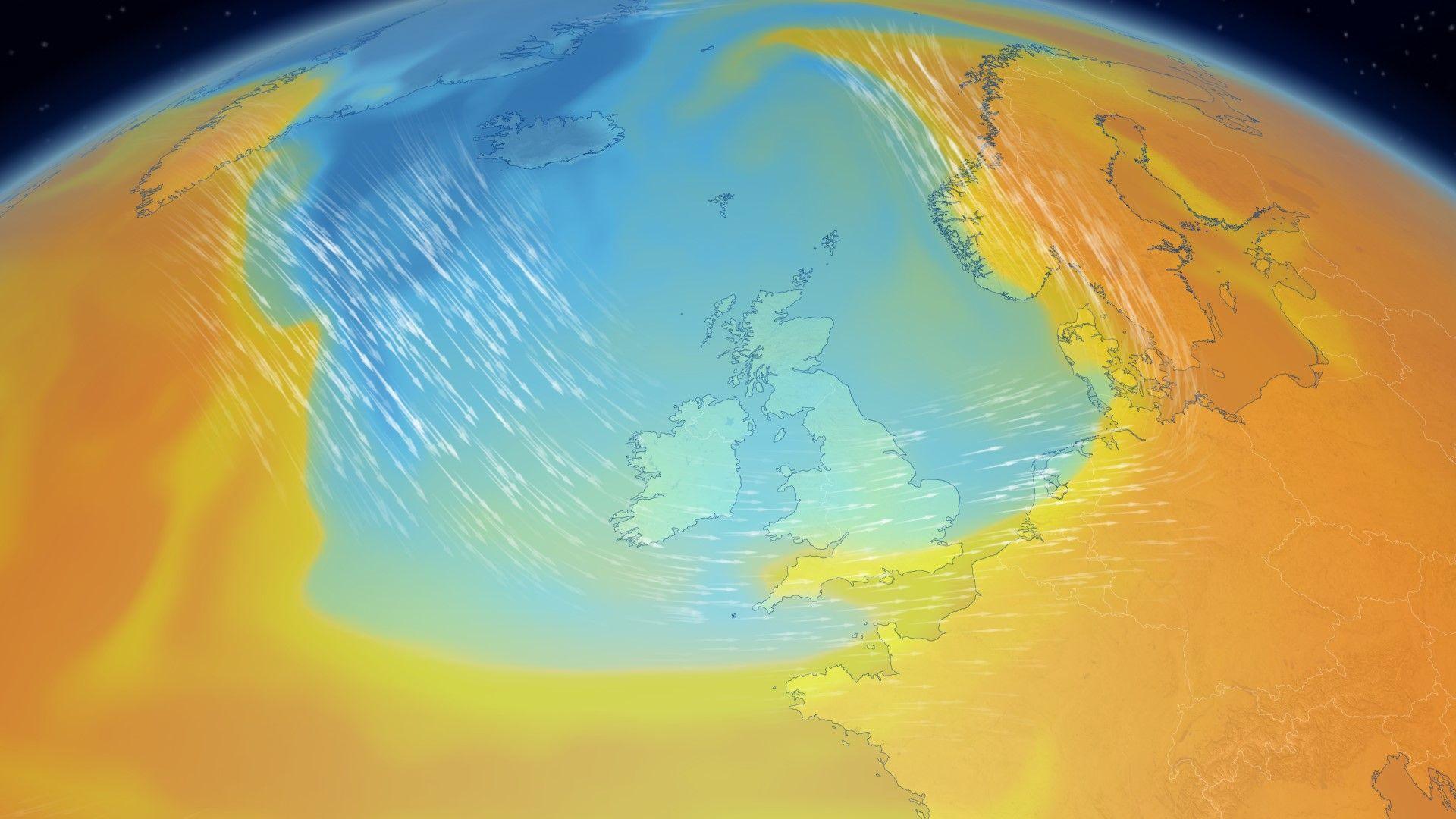 A weather map showing the jet stream and blue shading - representing a cool air mass - across the UK