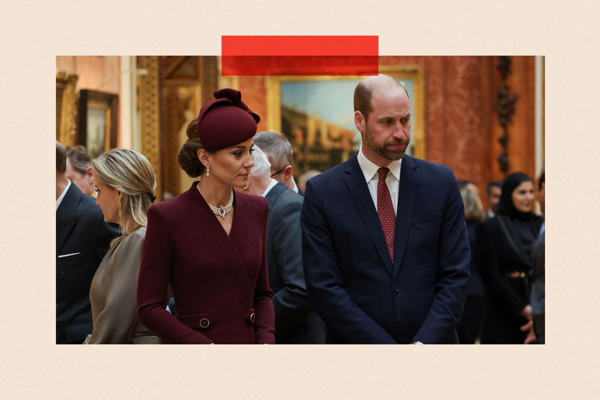 The Prince and Princess of Wales look serious and wear formal attire at Buckingham Palace 