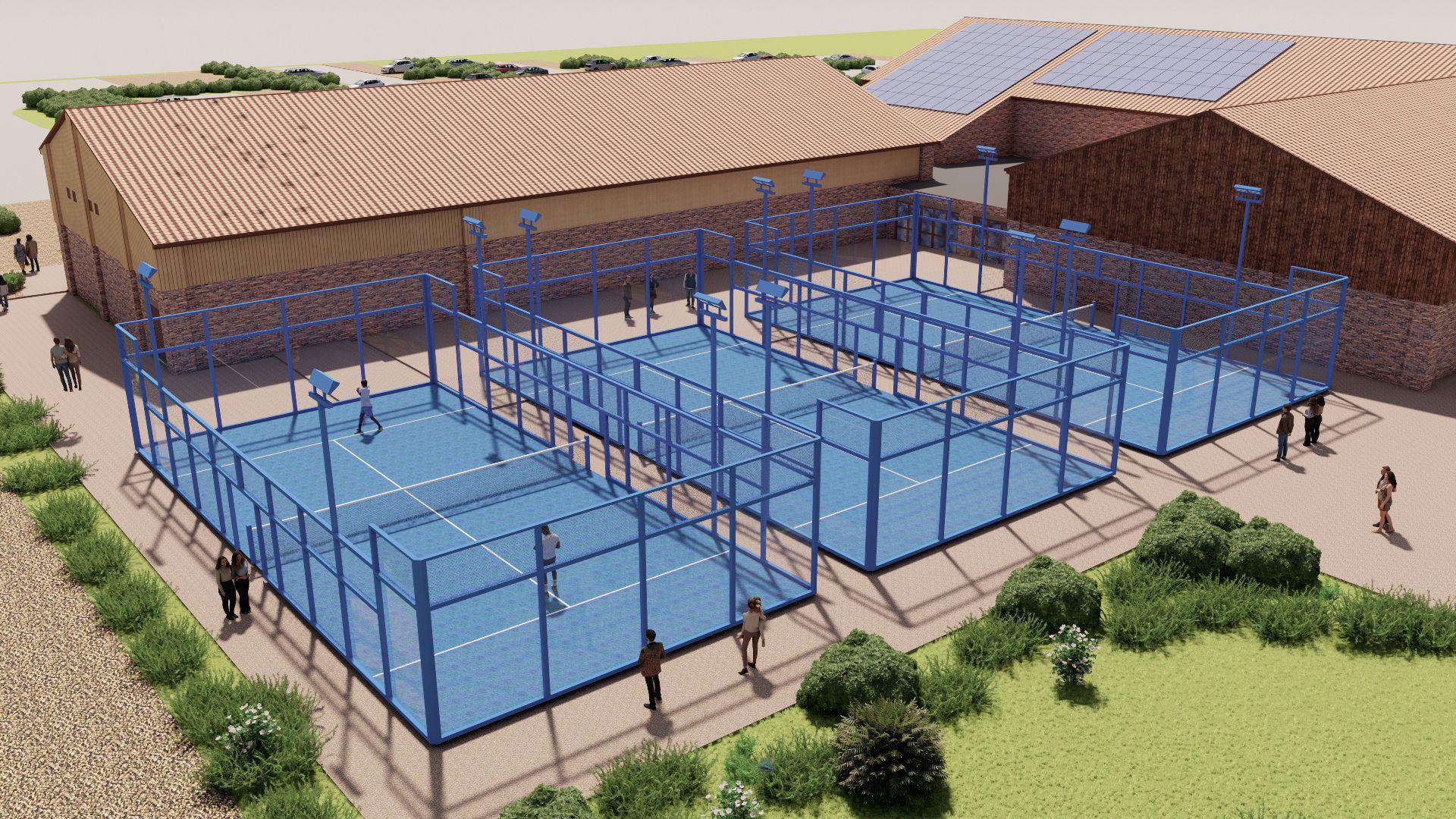 A rendered design image of three padel courts.
