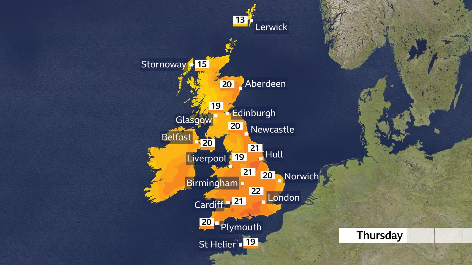 UK temperature map for Thursday. Most major cities showing between 19 and 22 Celsius, though Lerwick is 13 and Stornoway is 15 Celsius