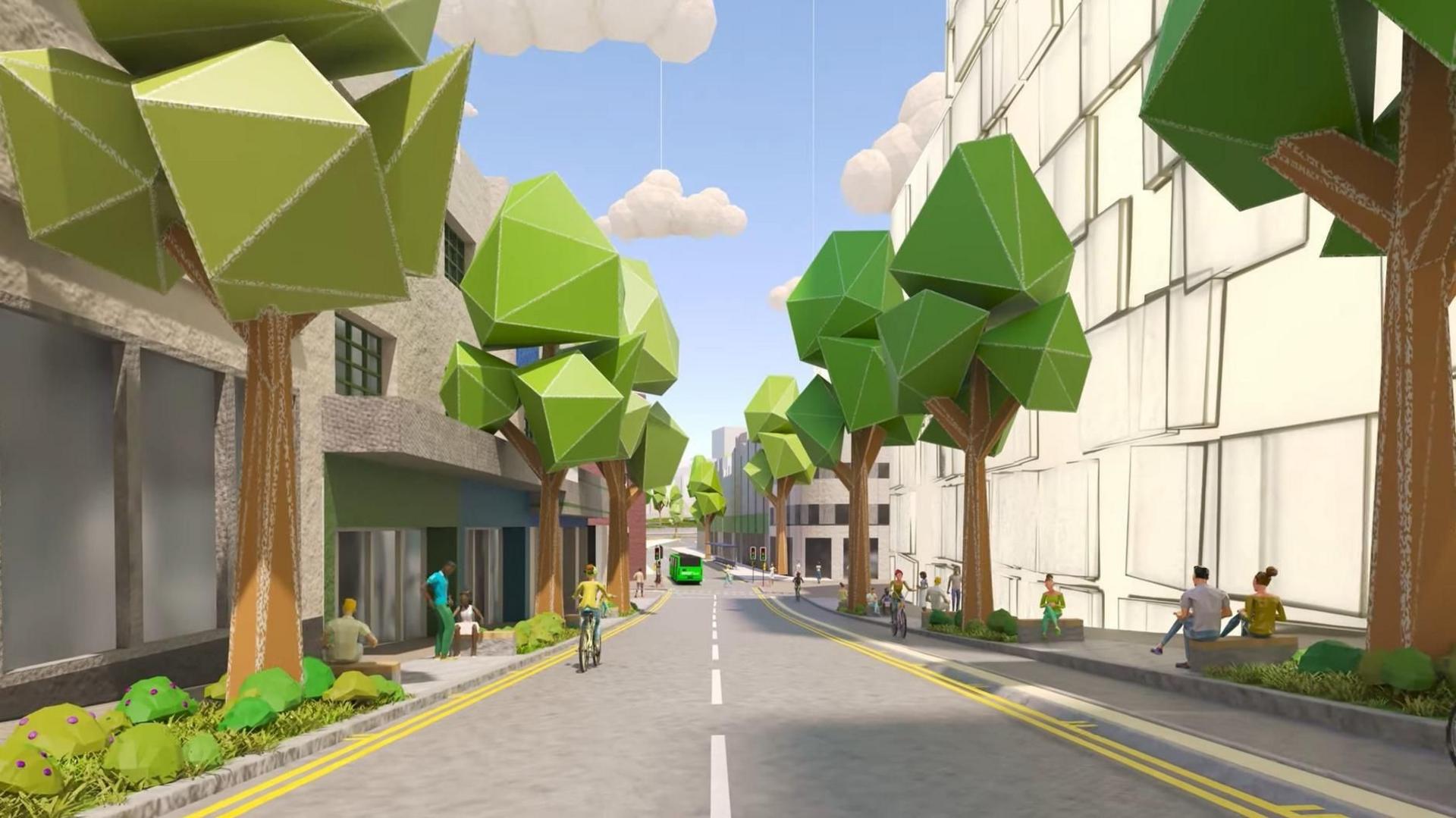 A CGI image of Horsefair in Bristol showing trees, a cyclist and a bus with pedestrians walking each side.