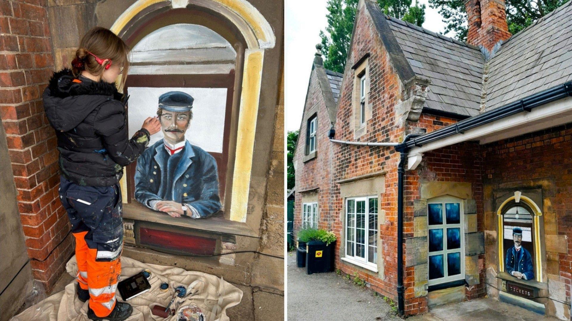 An image of a woman in orange trousers painting a mural of a man in Victorian clothing. A second shot shows the finished work depicting a ticket booth.