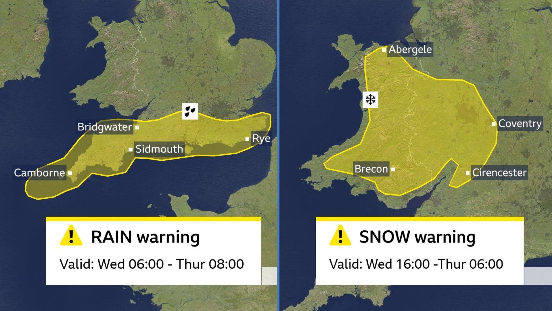 Map of UK showing yellow warning areas in Wales, the Midlands and southern England