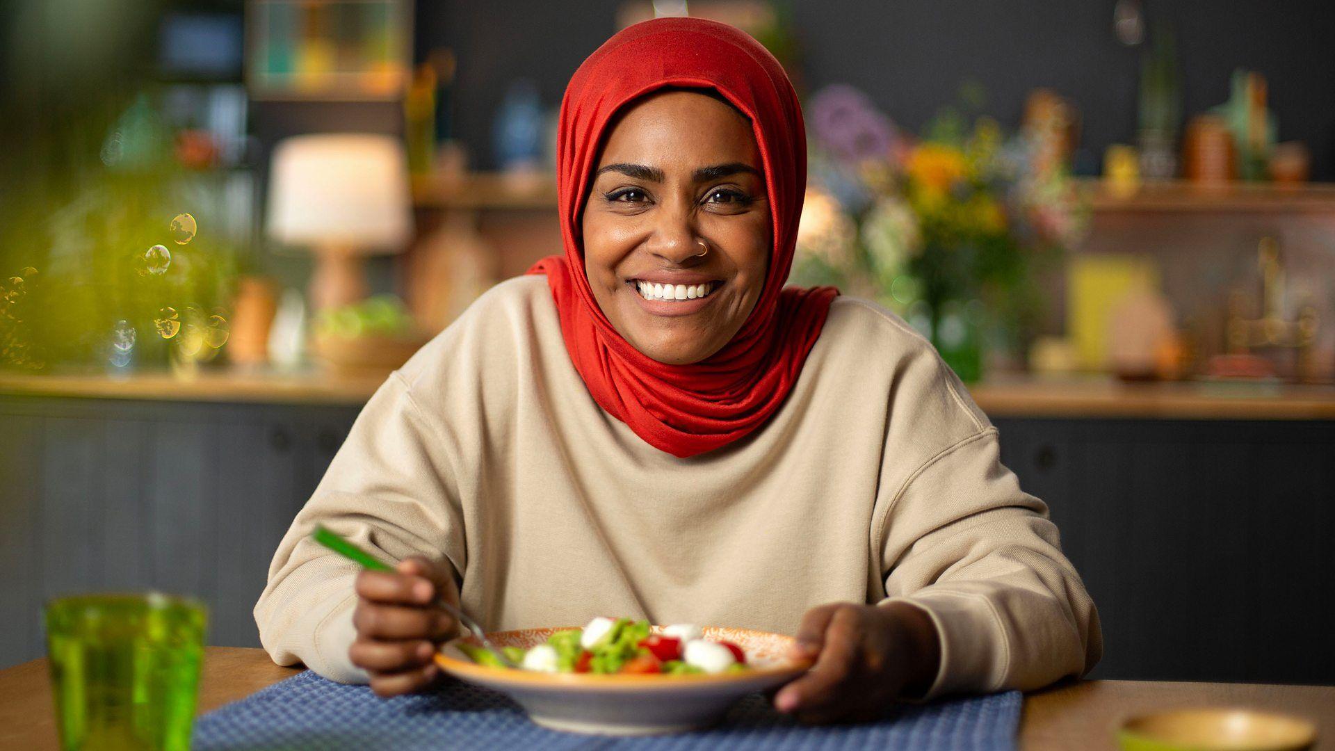 nadiya hussain eating a mozzarella salad