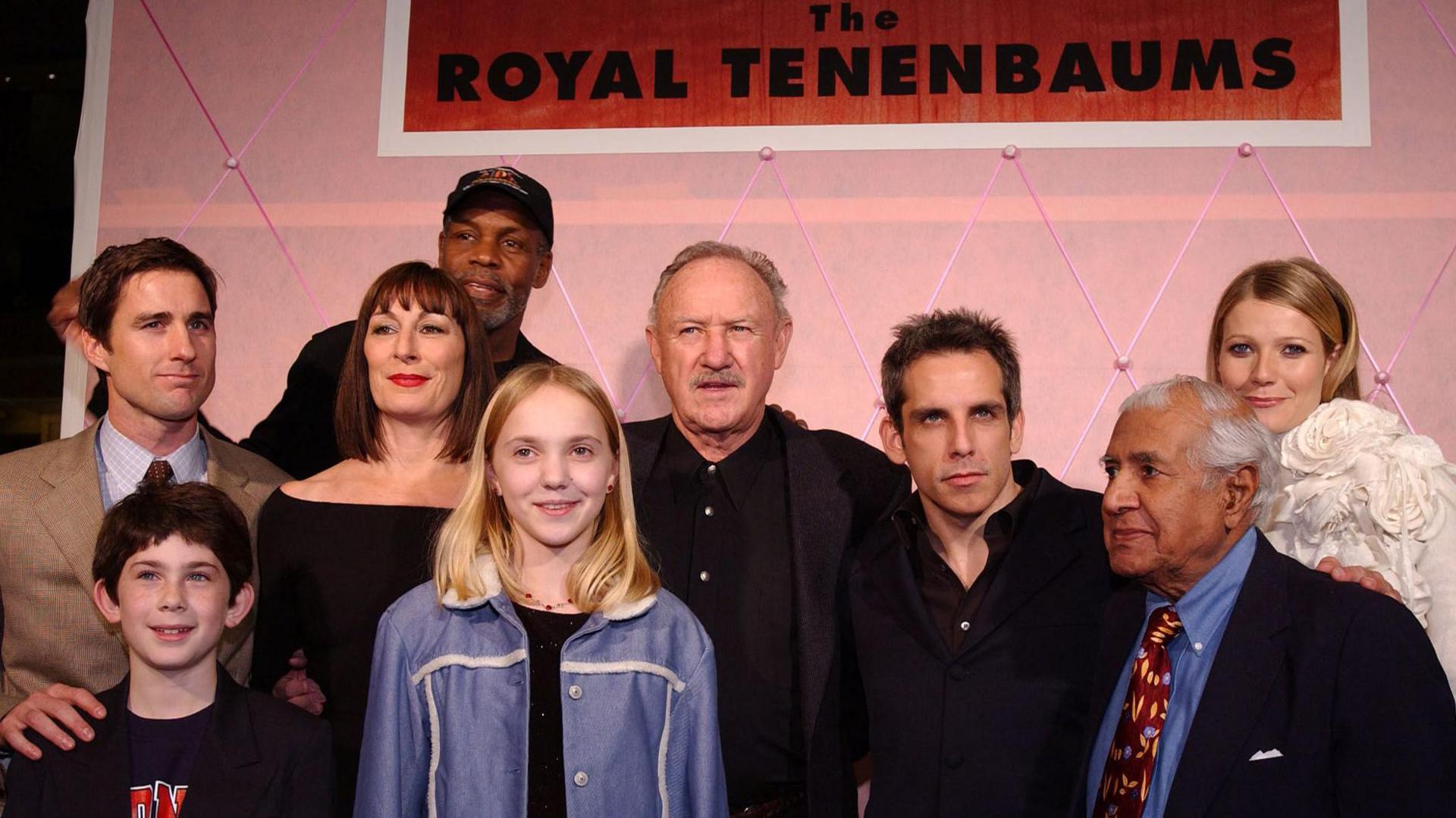 The cast of "The Royal Tenenbaums" poses at the film's premiere (L-R back) Luke Wilson, Anjelica Huston, Danny Glover, Gene Hackman, Ben Stiller, Kumar Pallana, Gwyneth Paltrow, (L-R front) Jonah Meyerson, Irene Gorovaia, in Los Angeles, 06 December 2001.