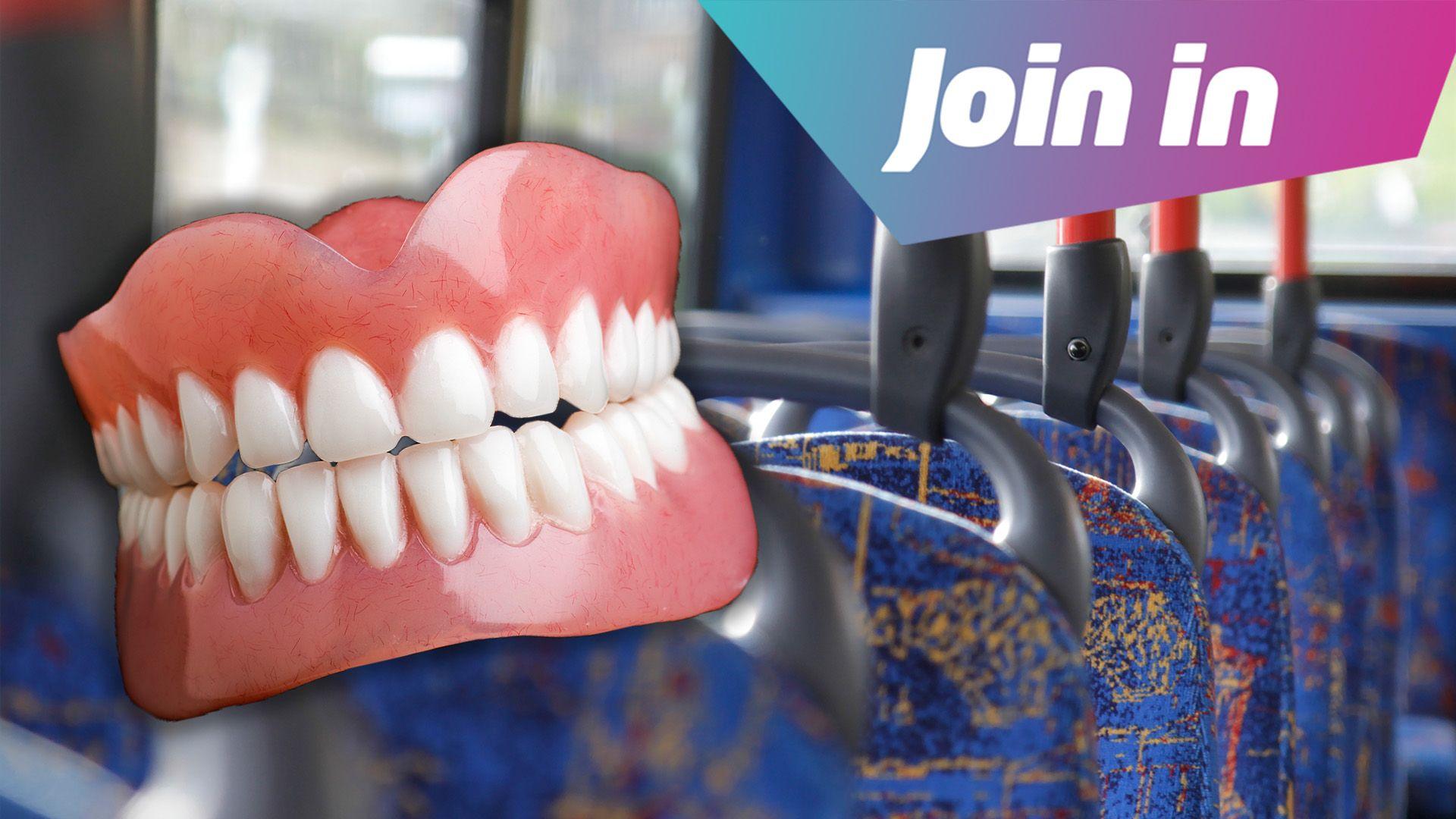 The background is a picture of bus seats. Superimposed on top is a pair of false teeth. In the top right corner there is a graphic saying "join in".
