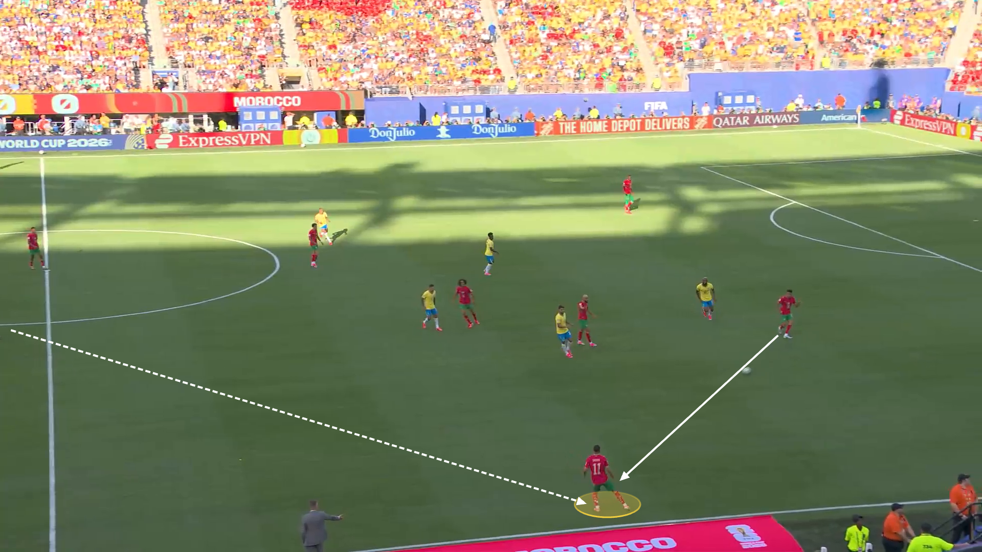 Screengrab from Morocco vs Brazil showing Saibari's movement from a natural striking position to a left back zone to pick up the ball unmarked