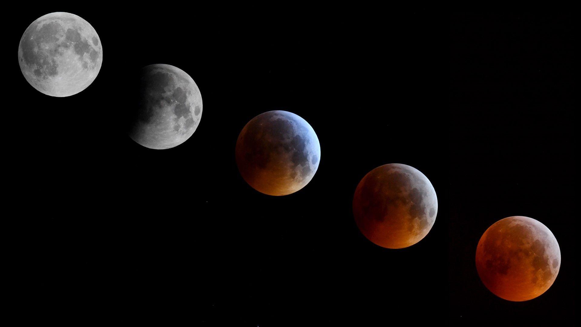 Sequence of five full moon photos, showing the progress of the Super Blood Wolf Moon in 2019