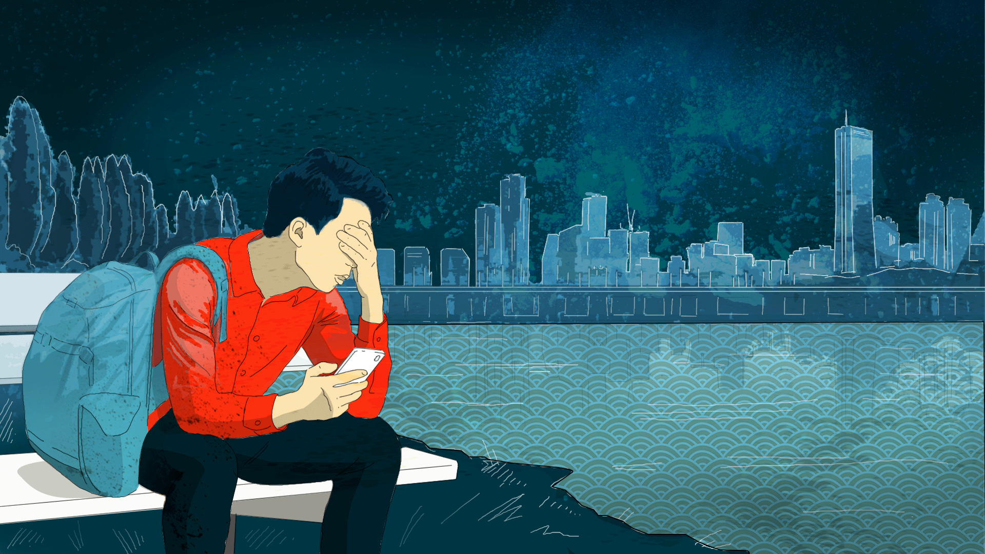 A graphic depicts a North Korean man in a red shirt in front of the Seoul skyline, with his head in his hands