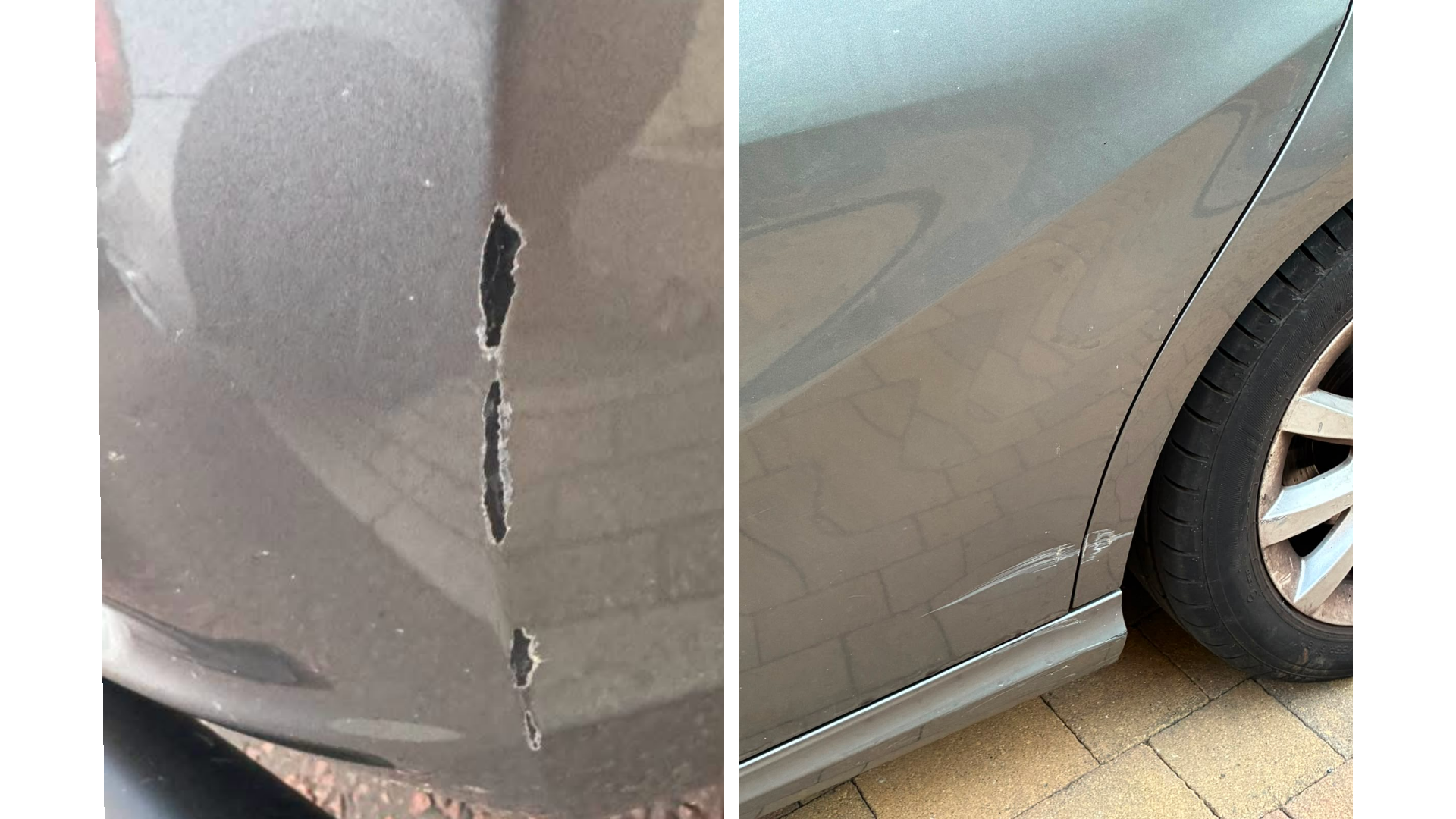 Picture on the left is a silver car bumper with paint scraped on the bumper. On the right is another silver car with a dent on the car door. The car is parked on paved driveway.