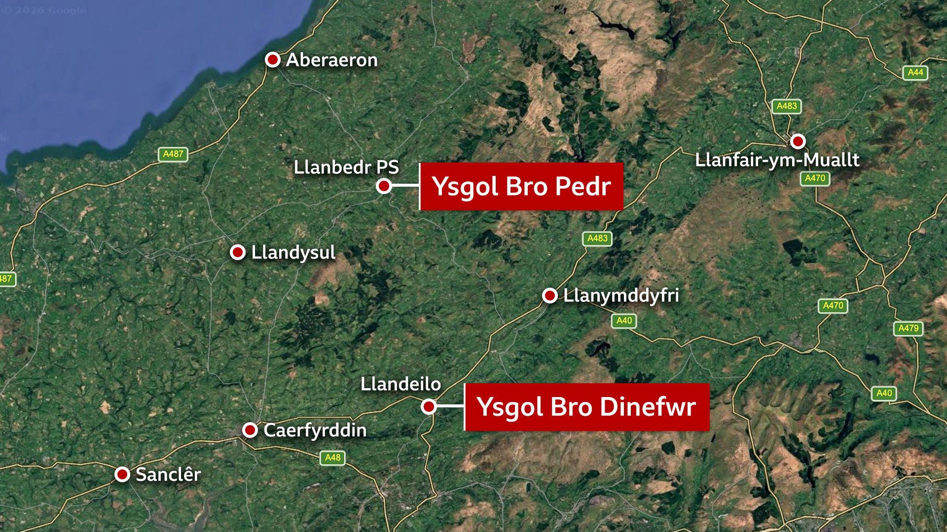 Map Ysgol Bro Dinefwr ac Ysgol Bro Pedr