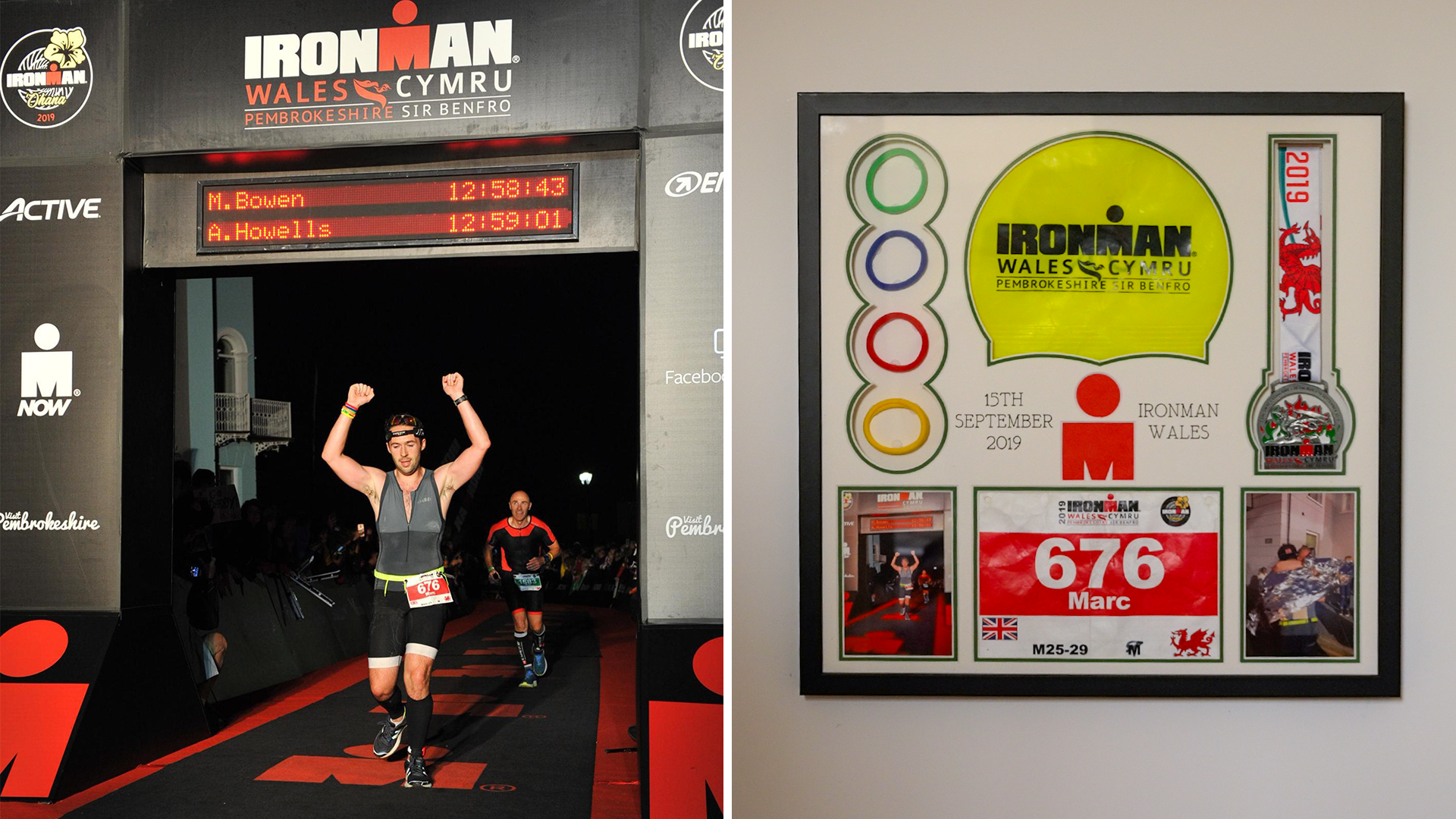 Marc yn croesi'r llinell derfyn yn ystod cystadleuaeth yr Ironman.