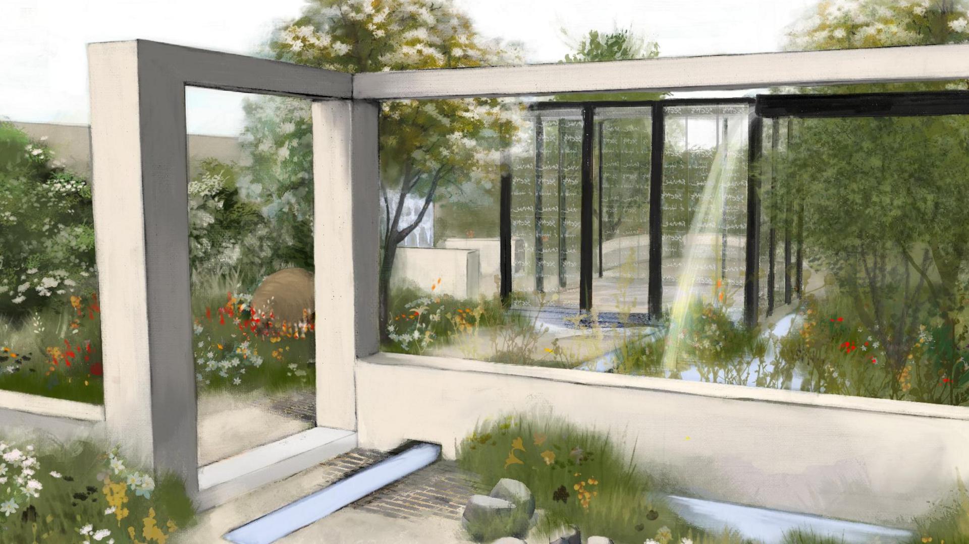 An artist's impression of the proposed garden at Chelsea Flower Show depicting glass panels with the names of people who died after being treated with contaminated blood products