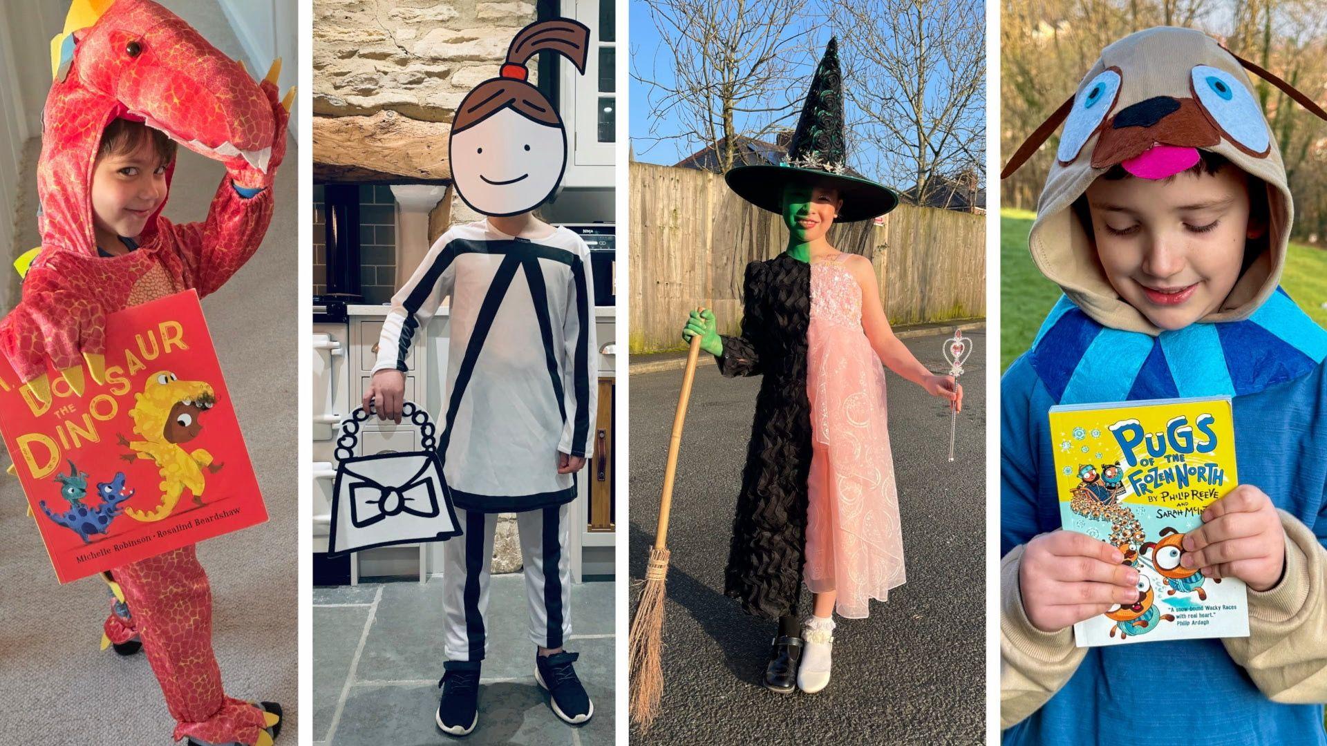 A boy dressed as an orange dinosaur, a girl dressed as Lottie Brooks from the book series by Katie Kirby, a girl dressed half as Elphaba and half as Glinda from Wicked, and a boy dressed as a pug holding a copy of 'Pugs of the Frozen North'.