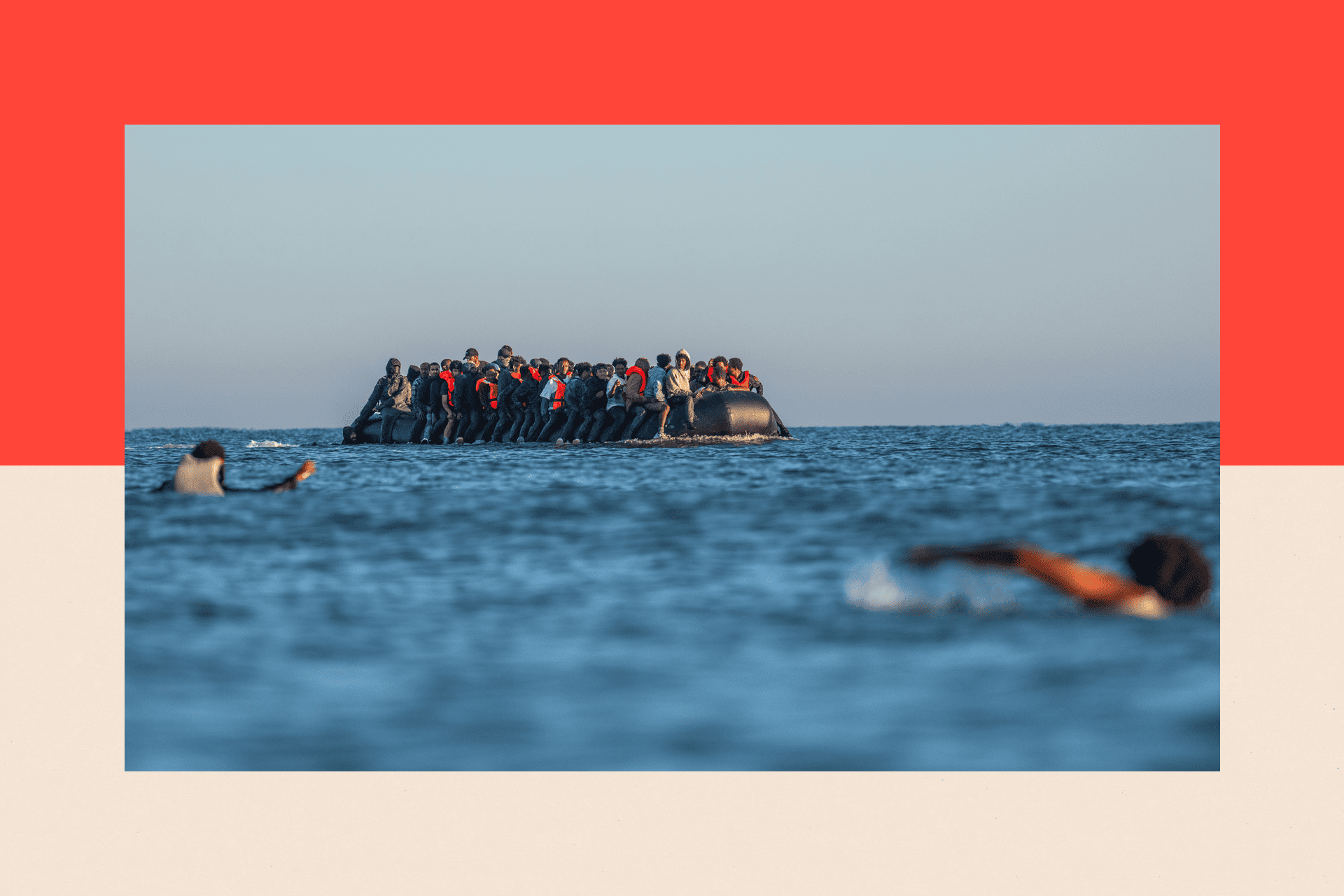People swim to try and board a migrant dinghy into the English Channel